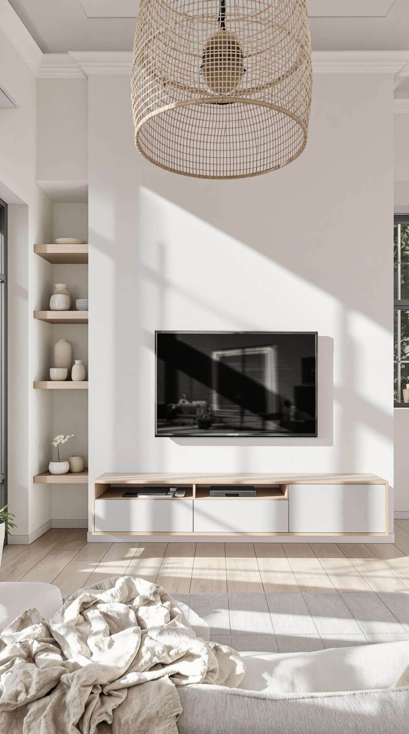 a living room with a large television on the wall