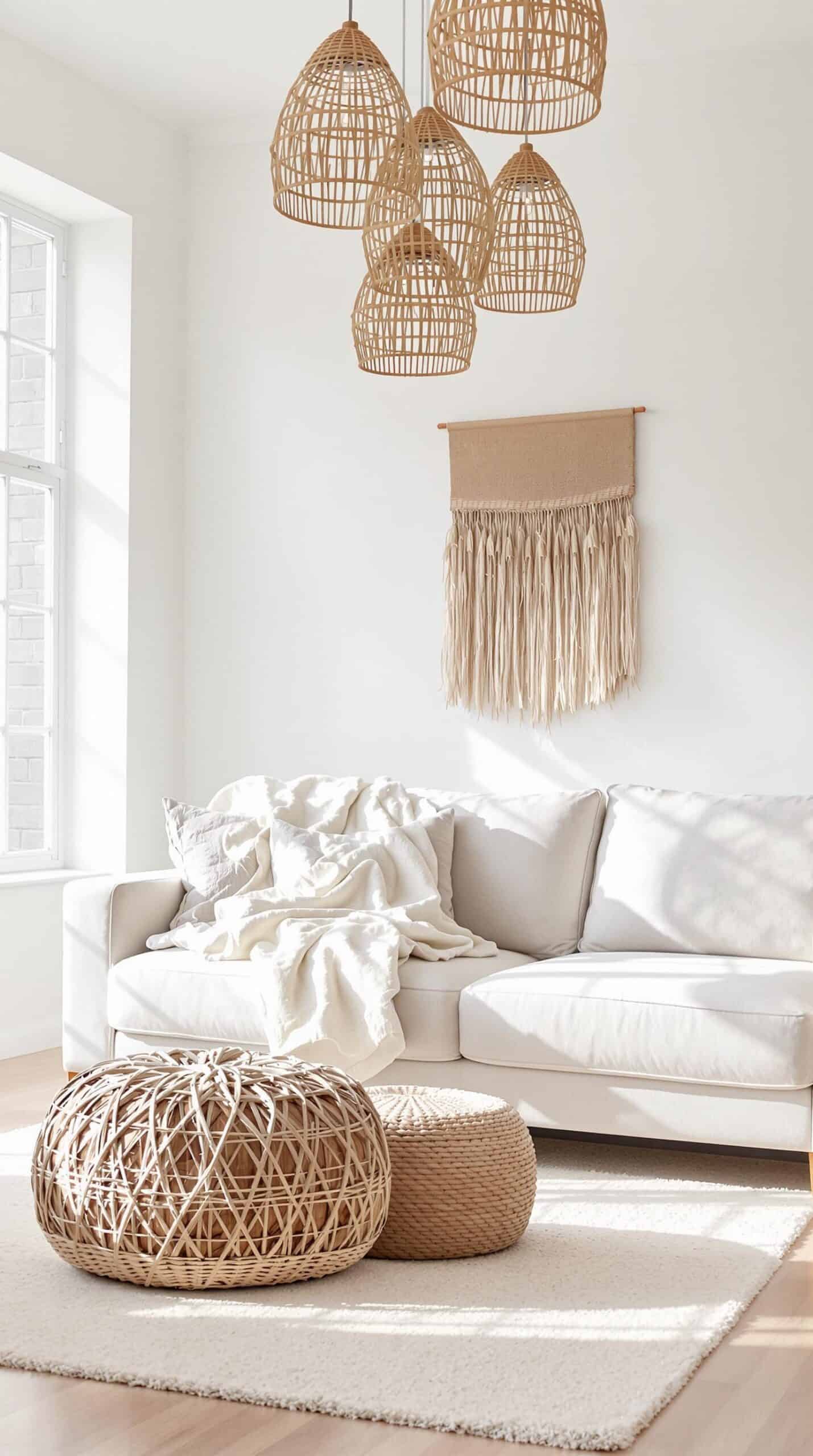 a living room with a white couch and a white rug