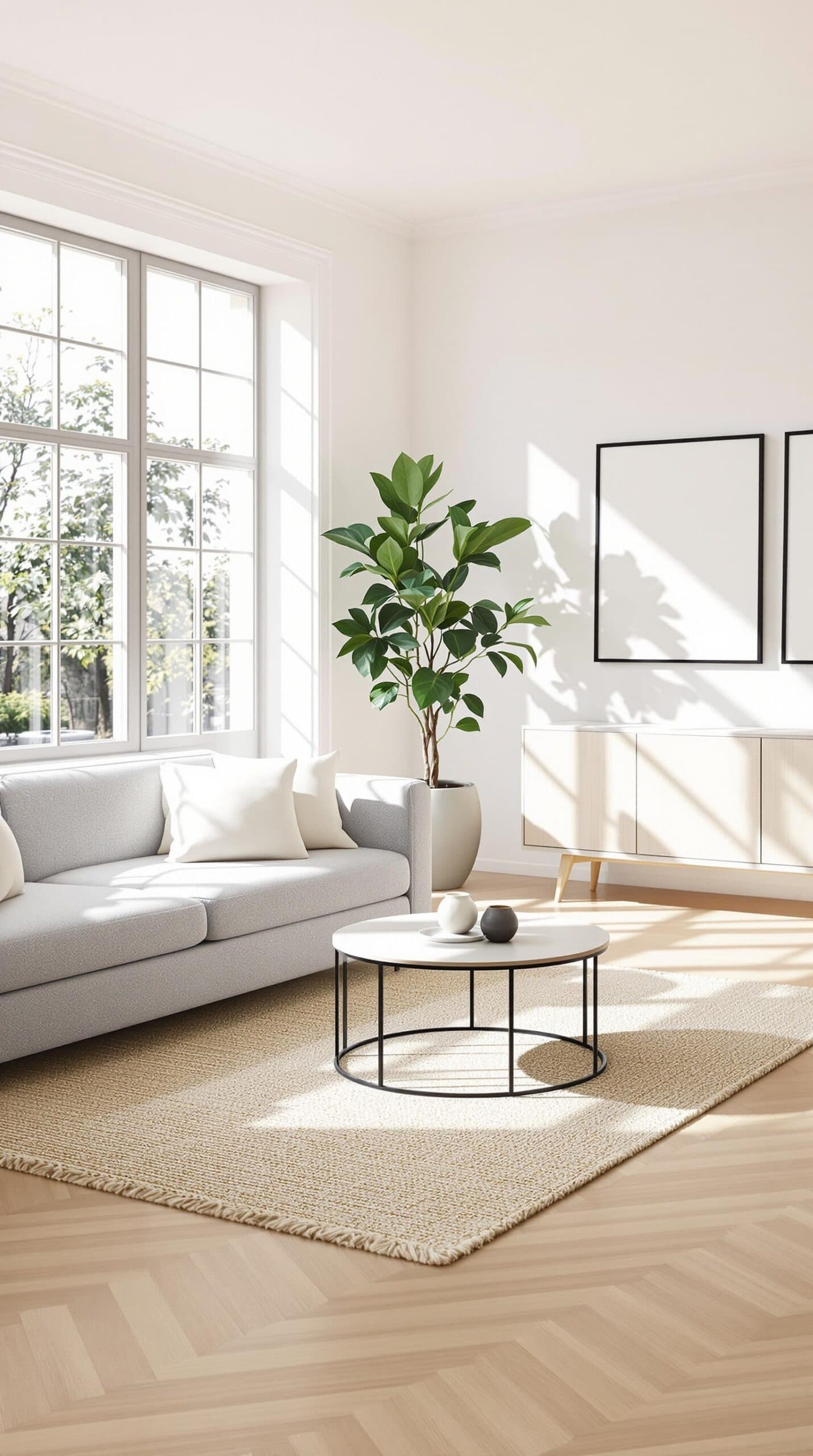 a living room with a couch, coffee table and a potted plant