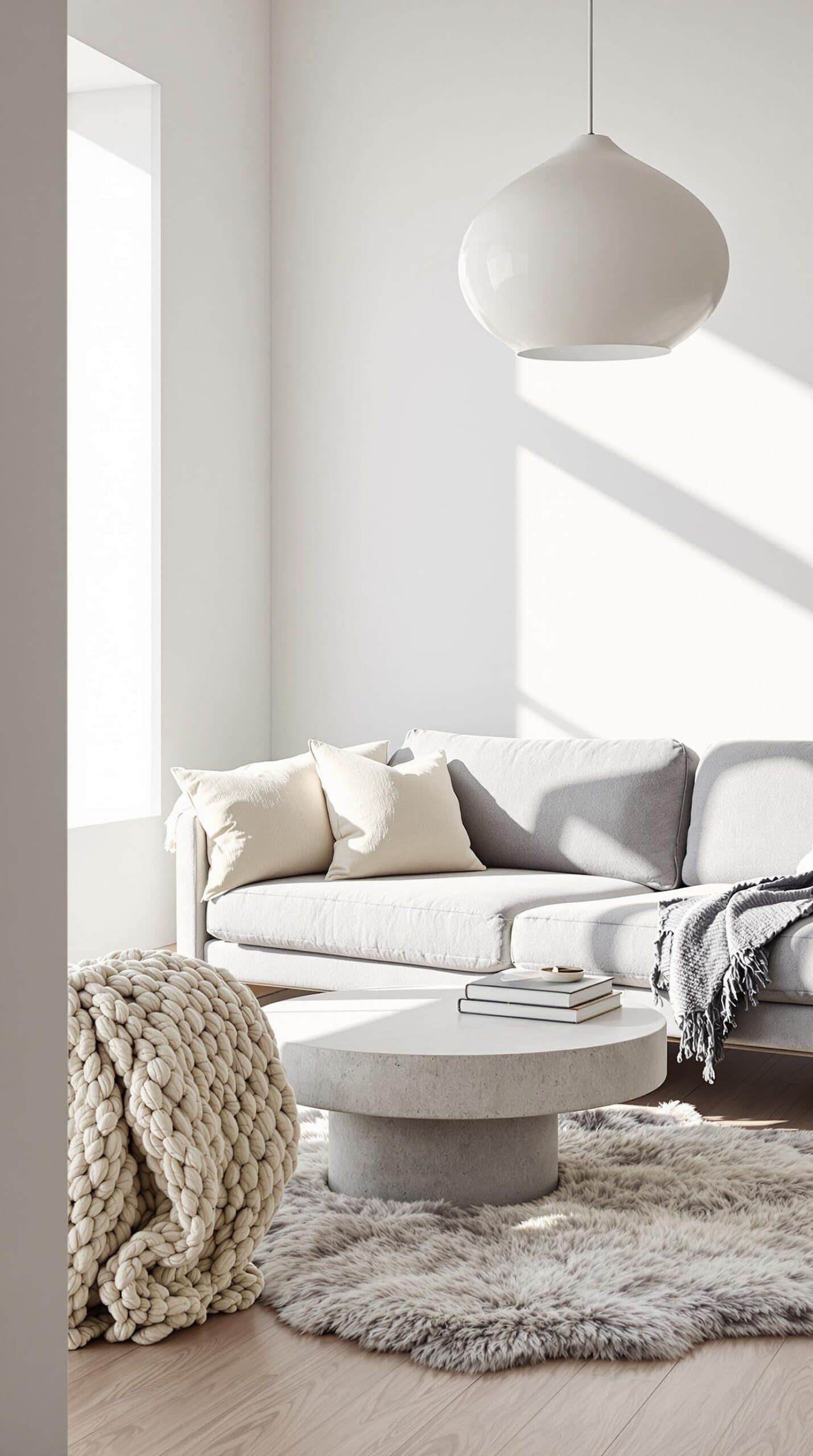 a living room with a white couch and a round coffee table