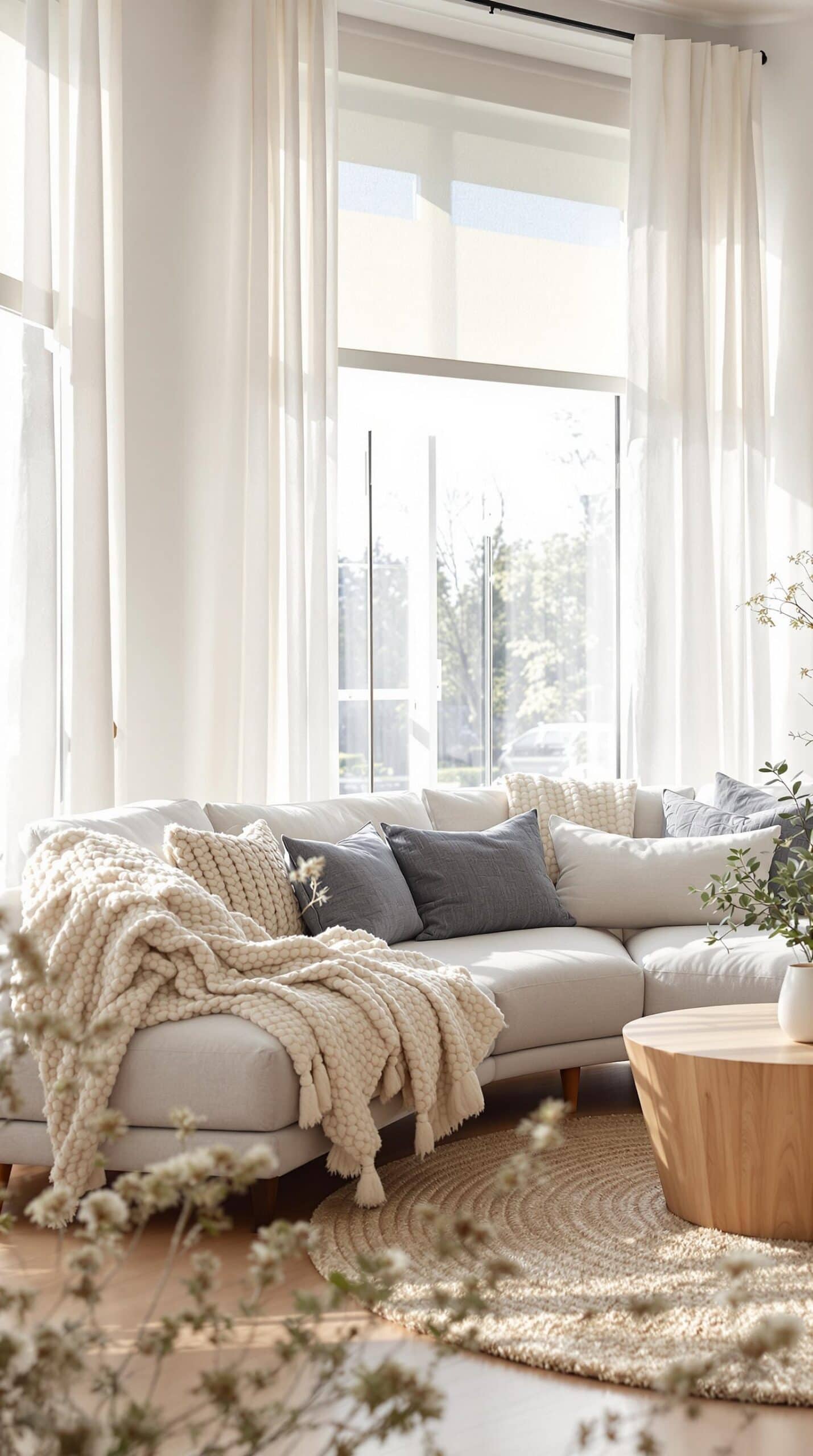 a living room filled with furniture and a large window