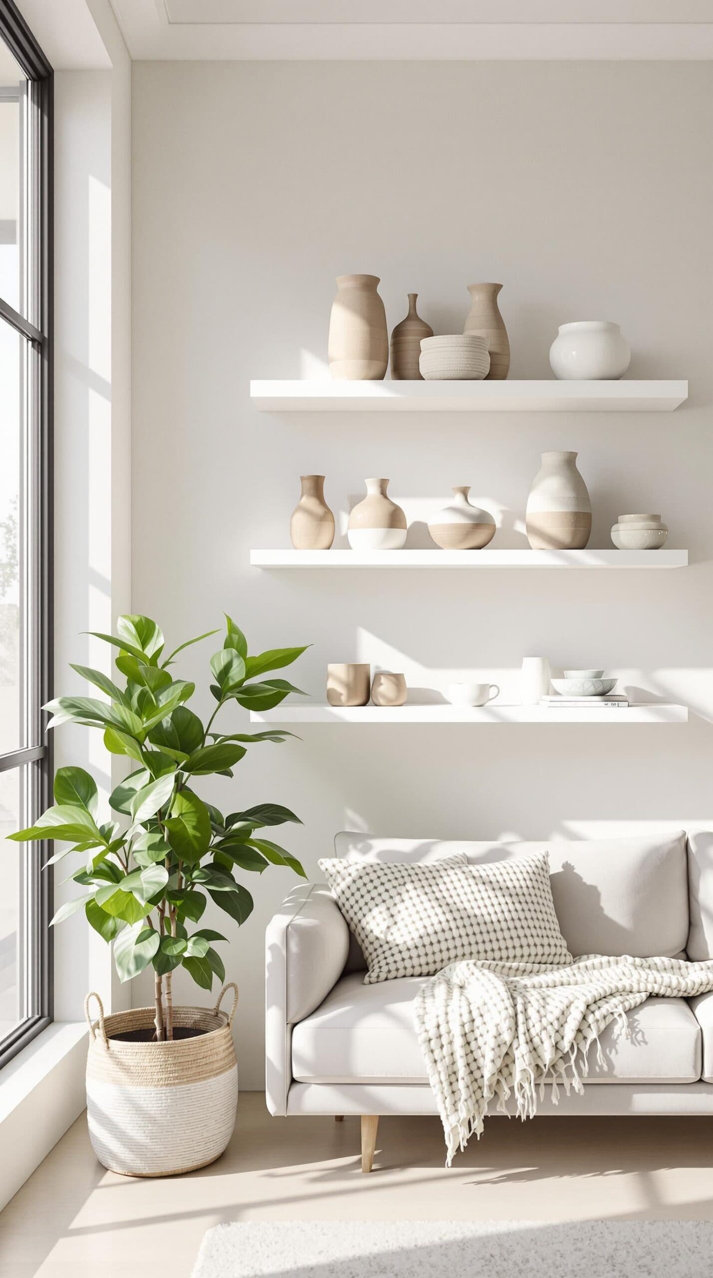 a living room filled with furniture and a potted plant