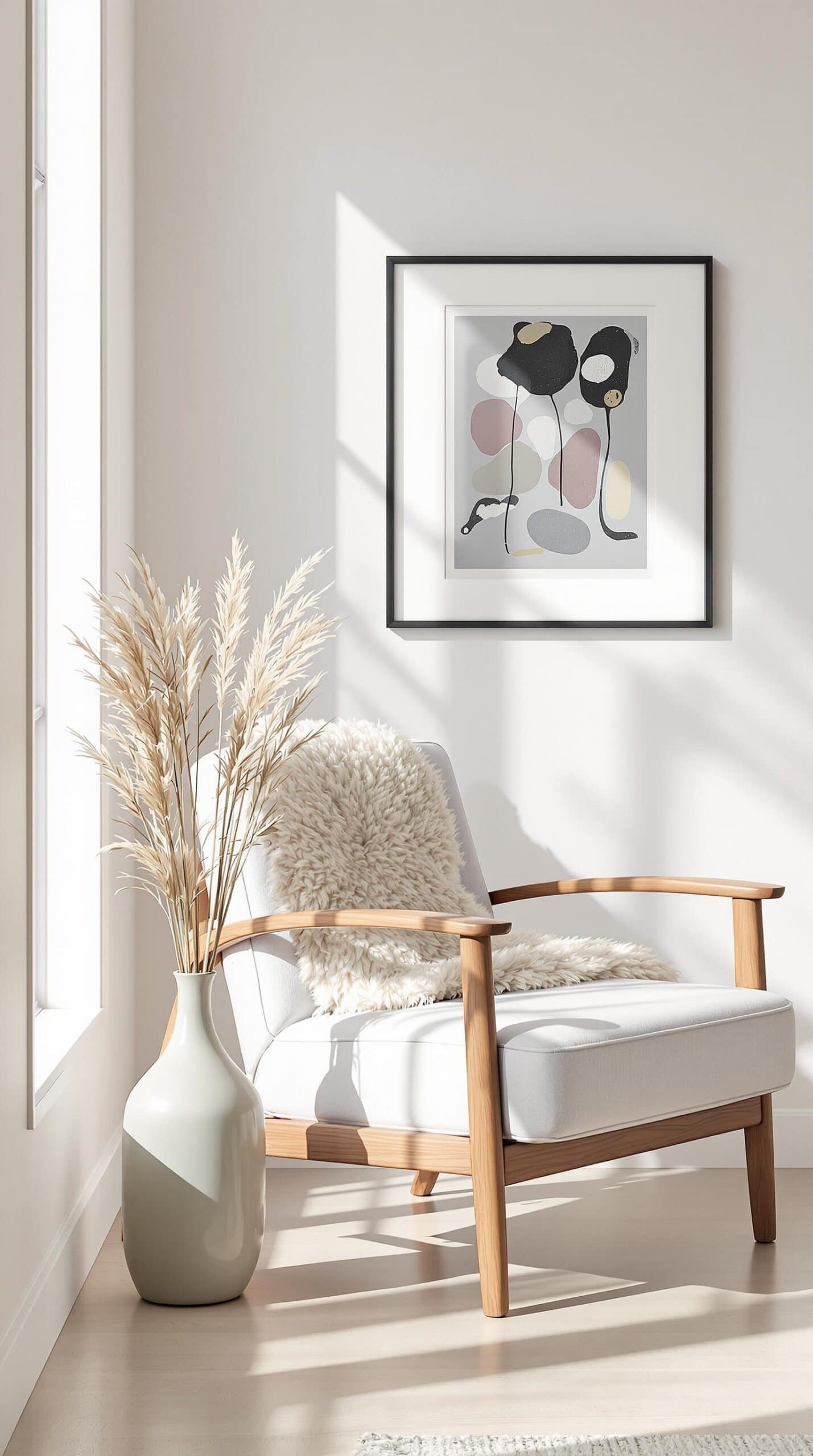a living room with a chair and a vase
