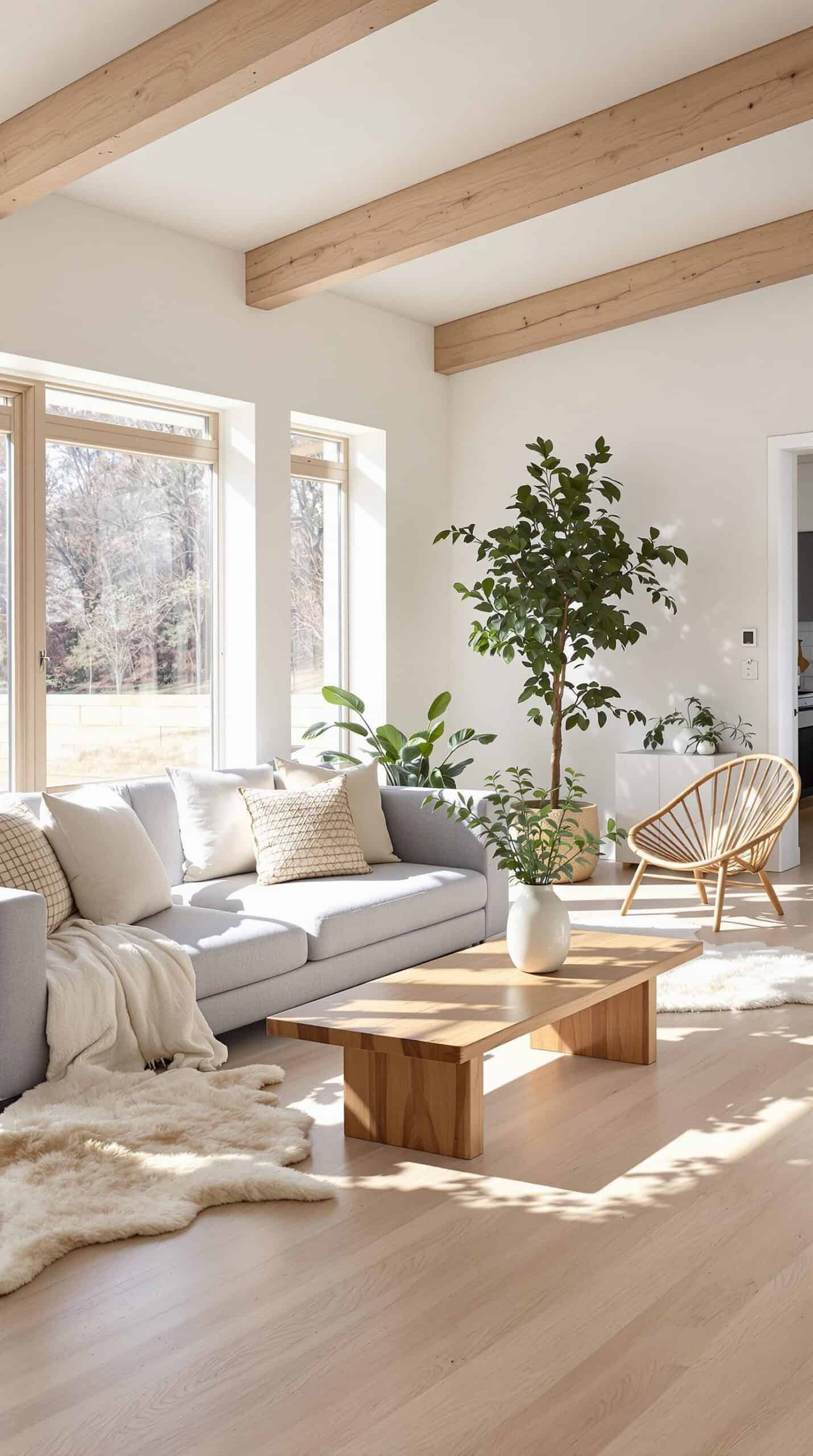 a living room filled with furniture and a tree