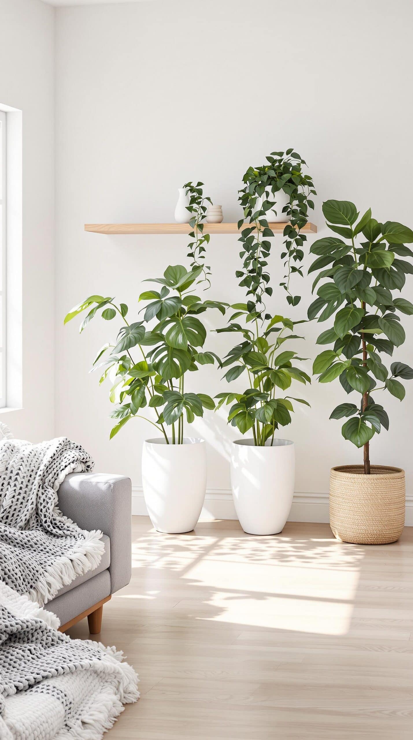 a living room with three potted plants on the wall