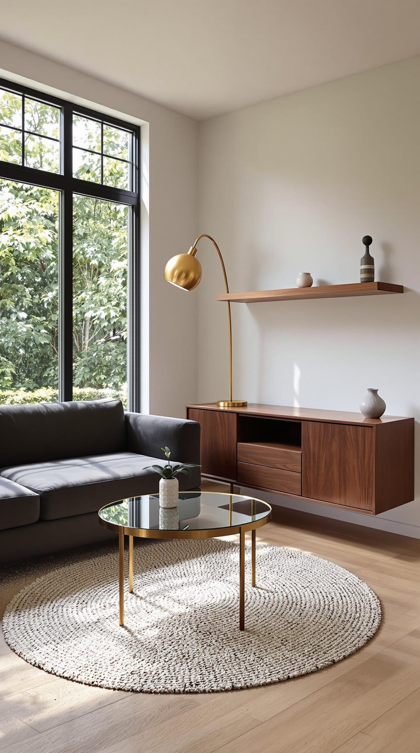 a living room with a couch and a table