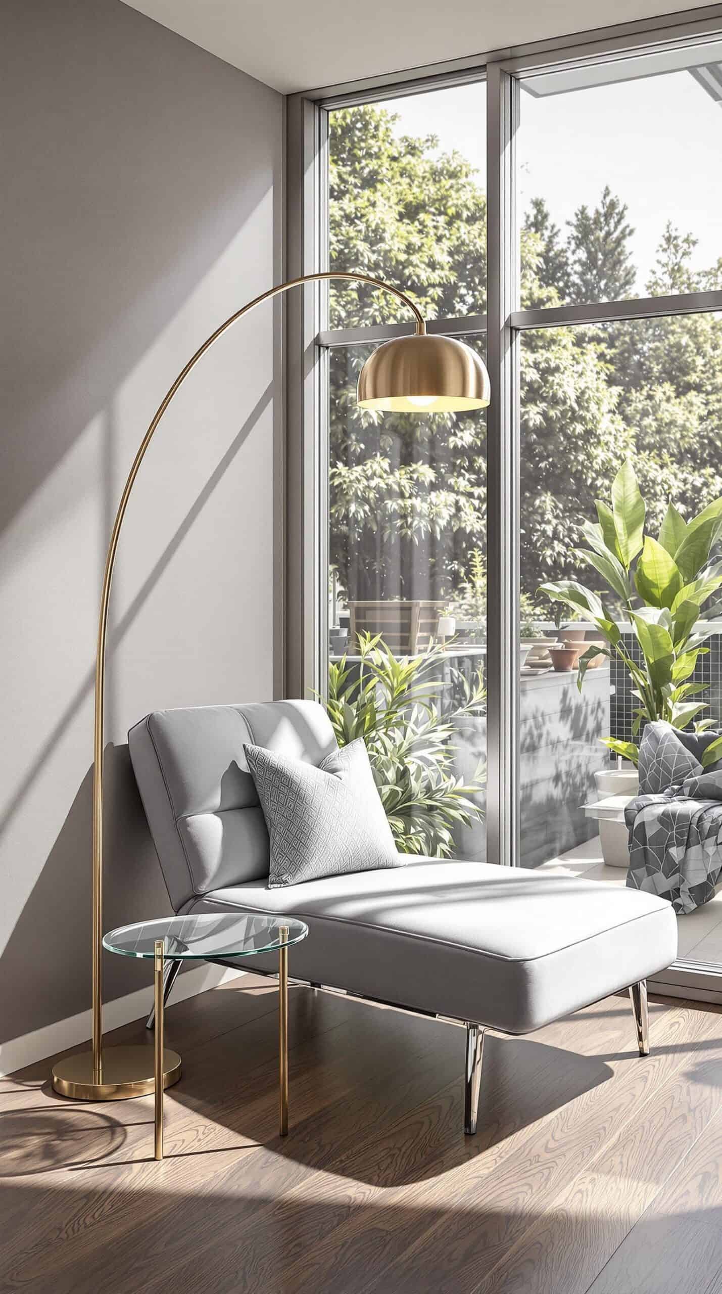 a living room with a couch and a floor lamp
