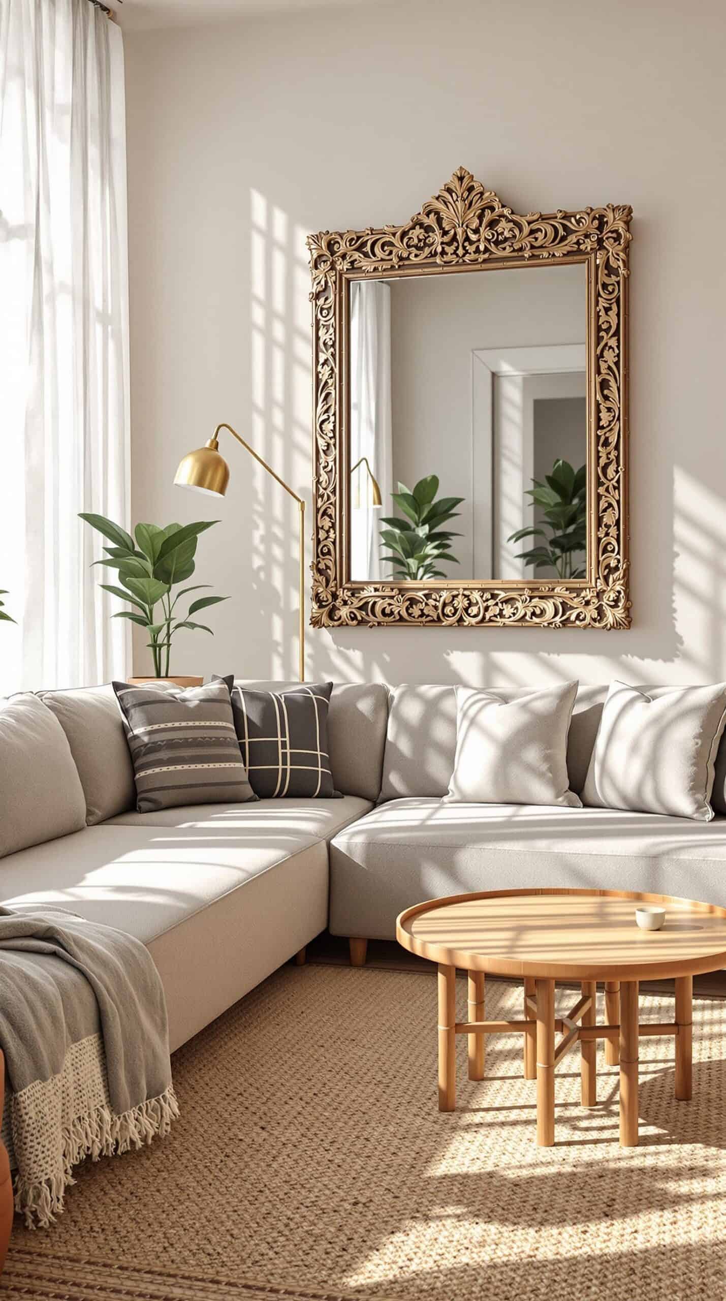a living room filled with furniture and a large mirror