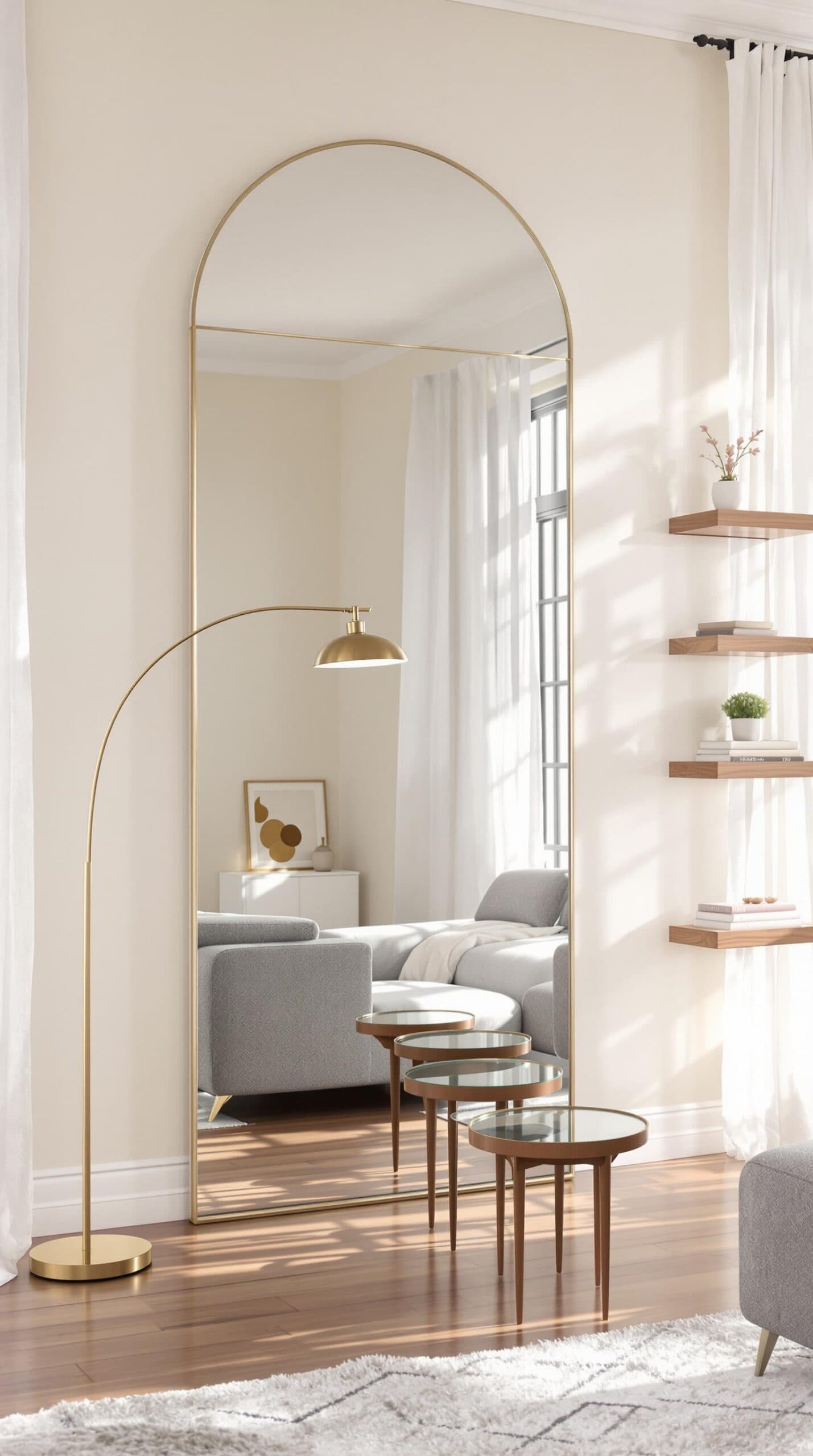 a living room filled with furniture and a large mirror