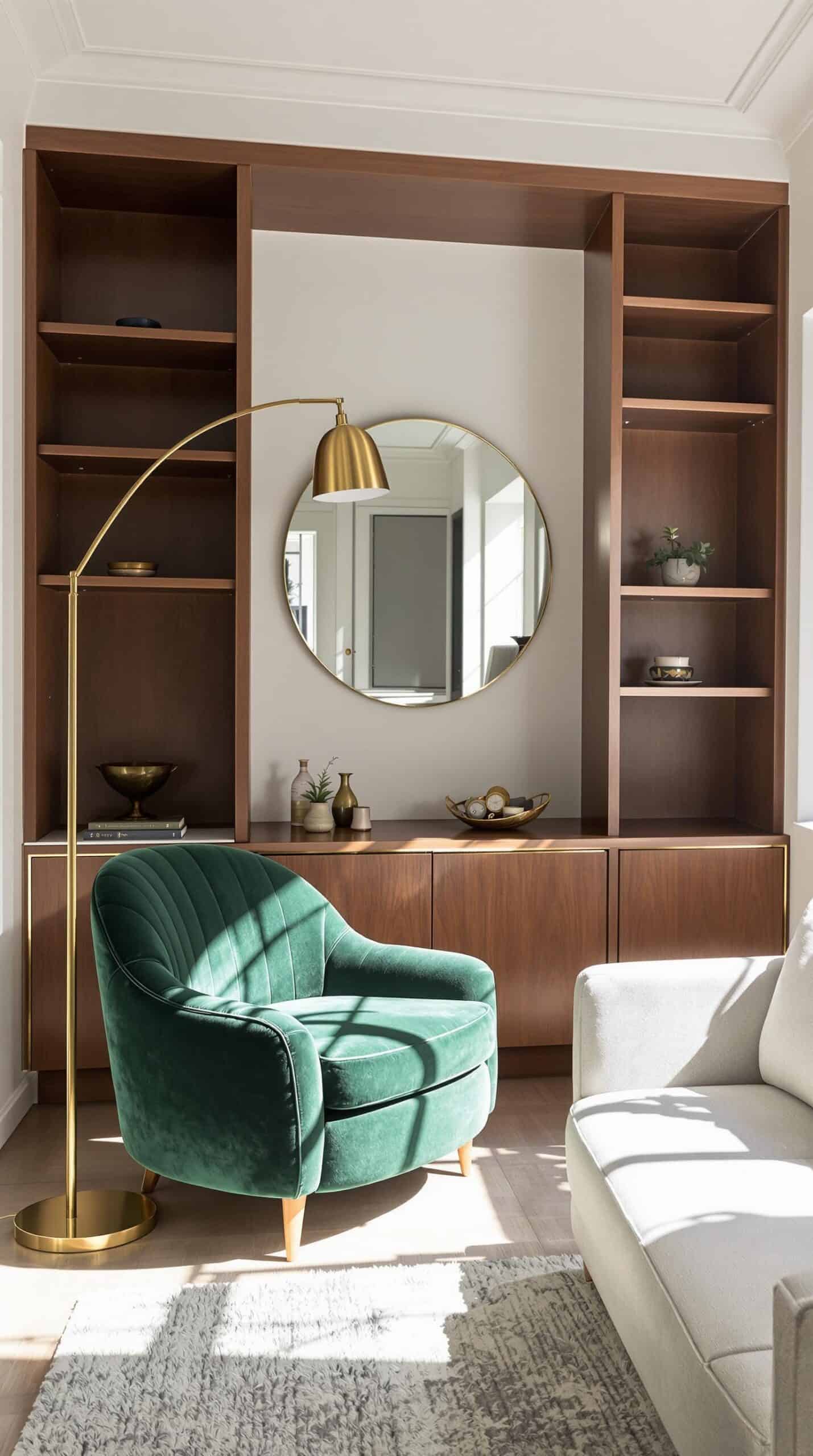 a living room filled with furniture and a large mirror