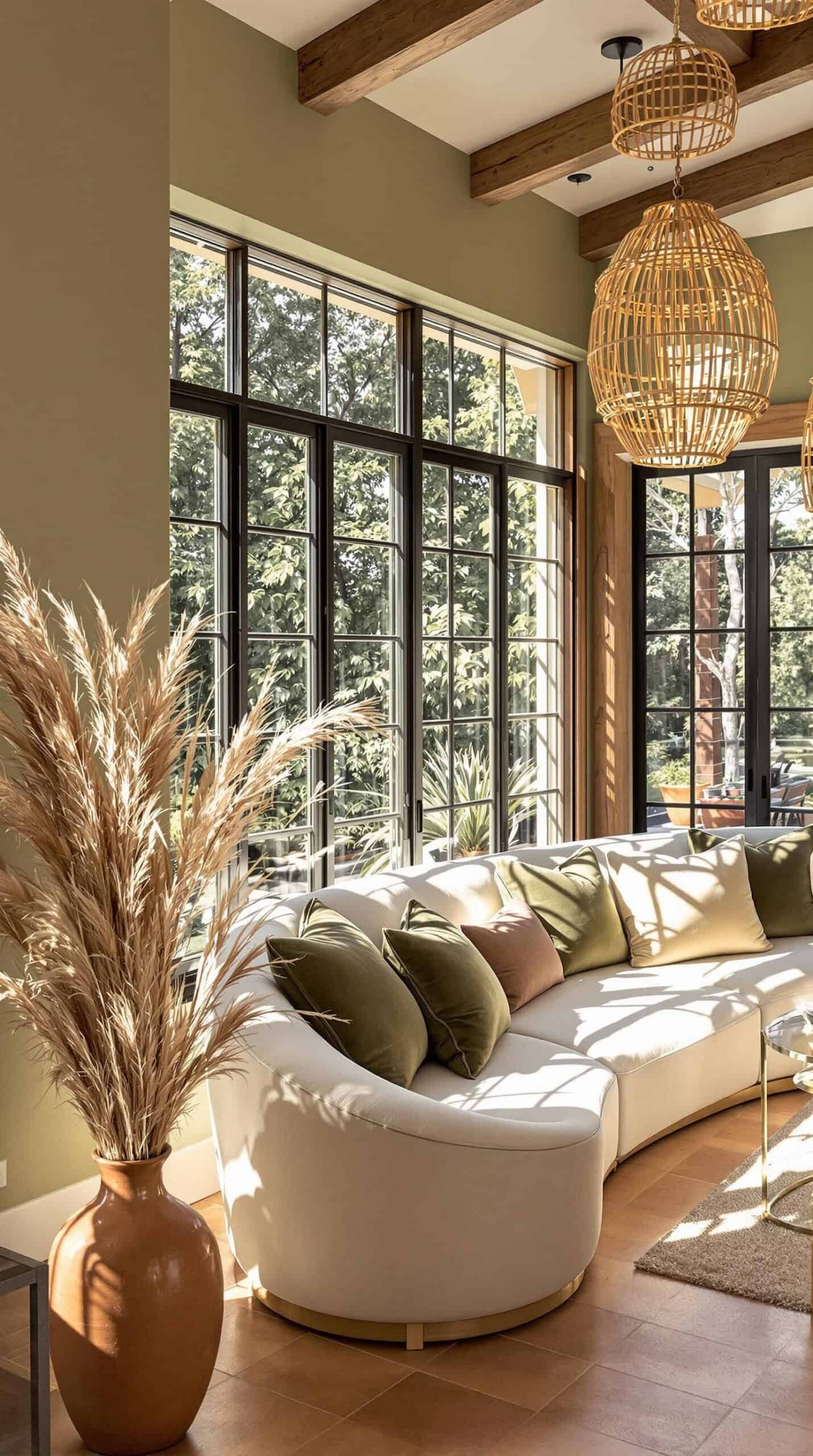a living room filled with furniture and large windows