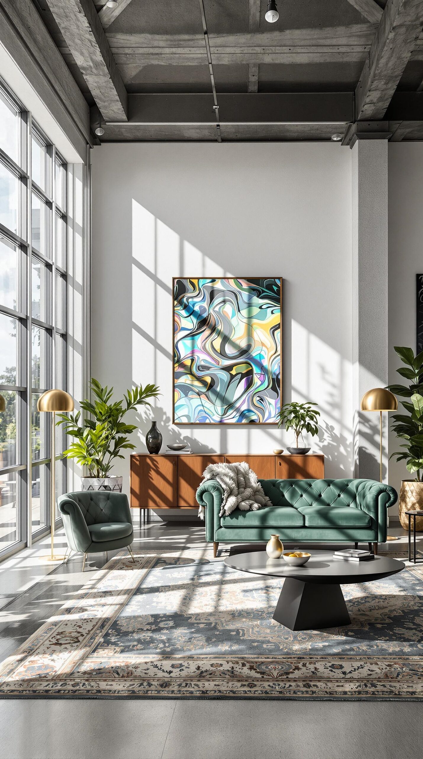 a living room filled with furniture and lots of windows