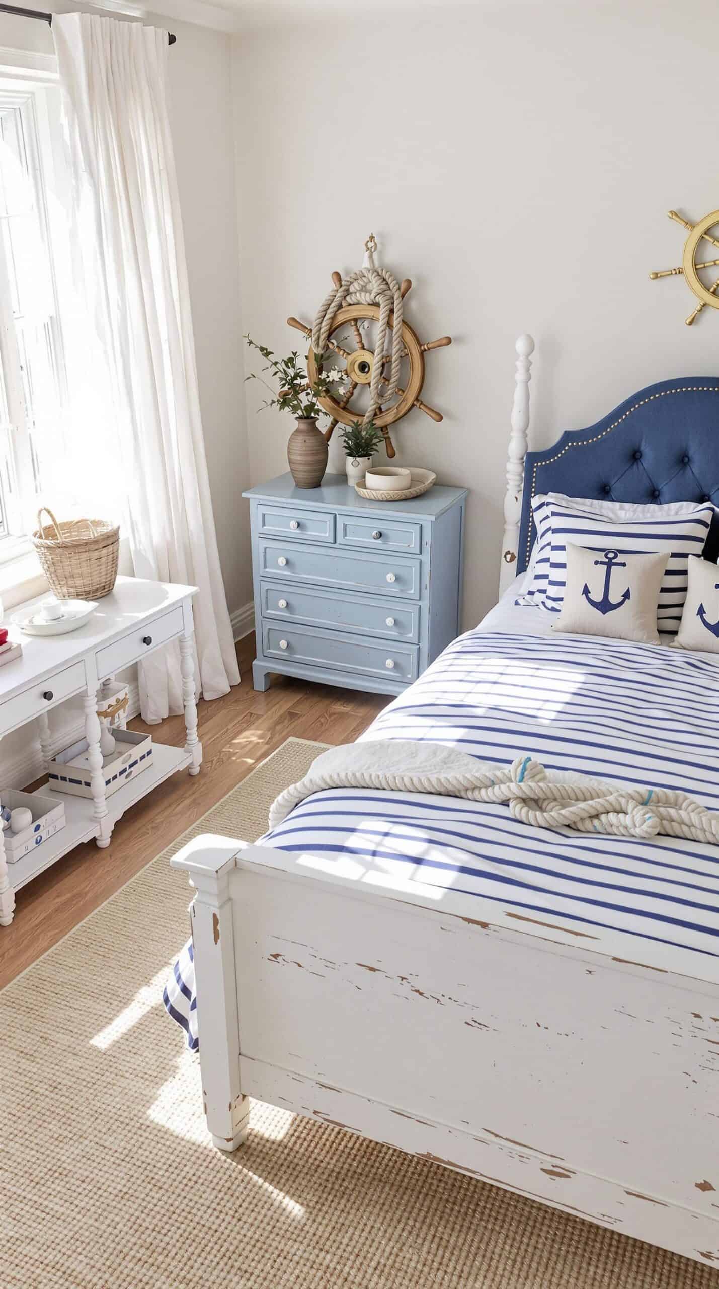 a bedroom with a bed, dresser, and window