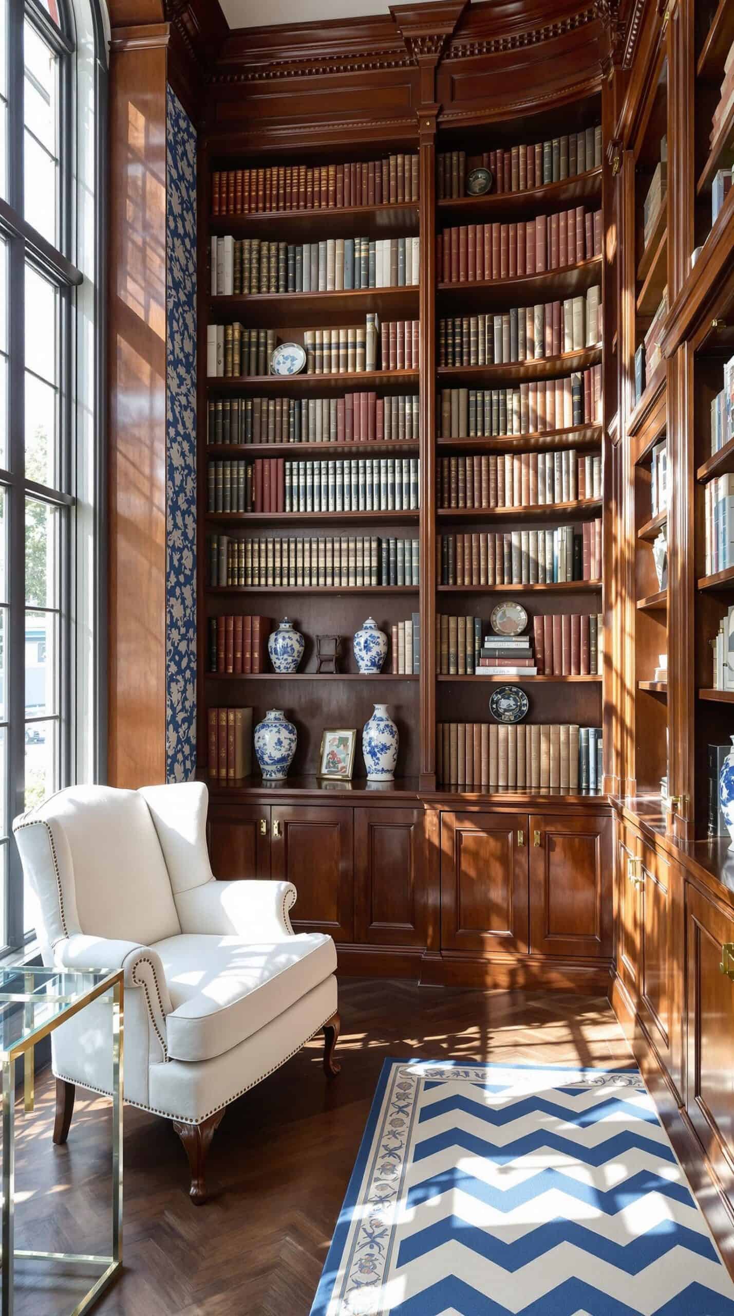 a room with a chair, bookshelf and a rug