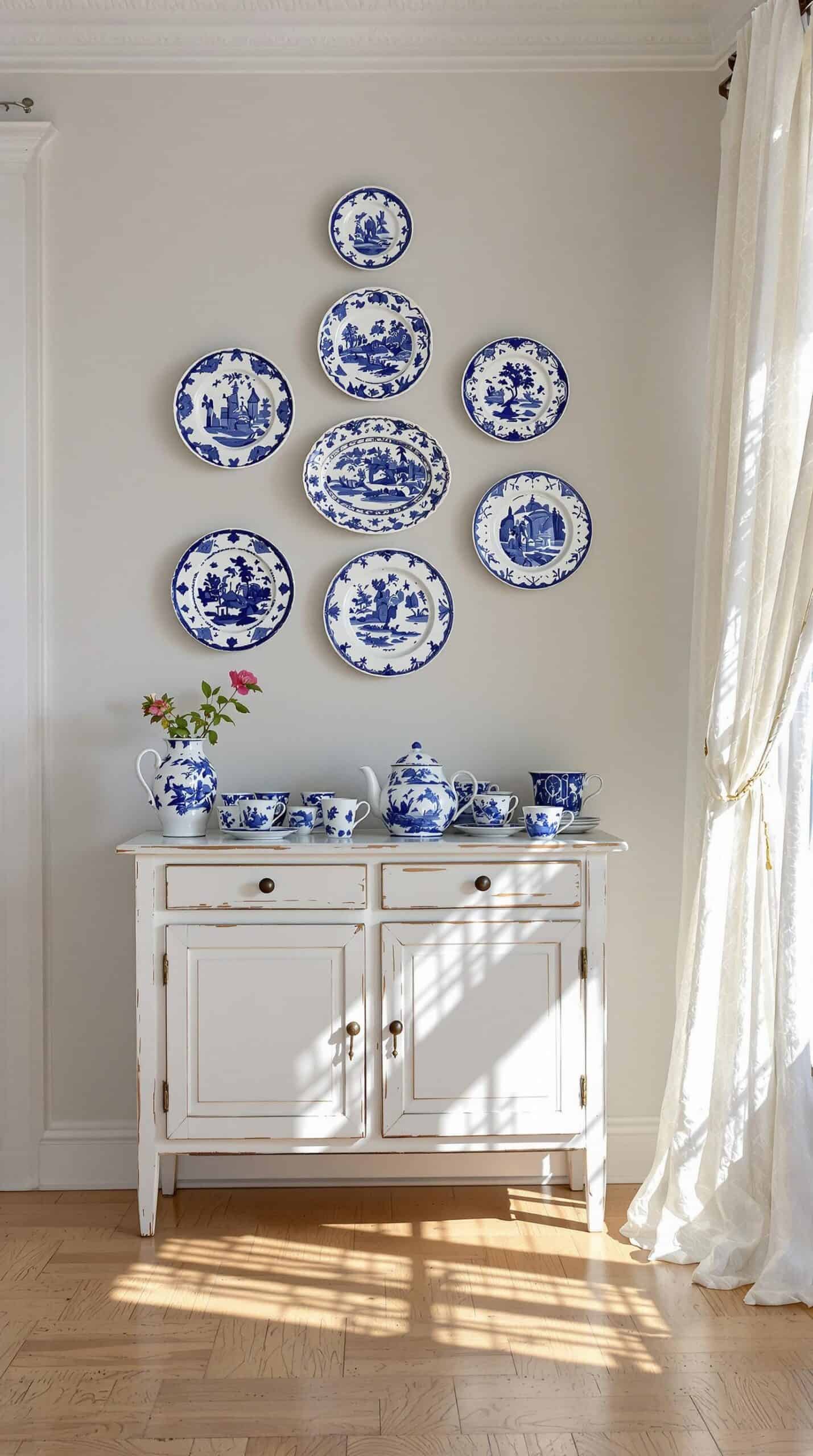 a white table topped with blue and white plates