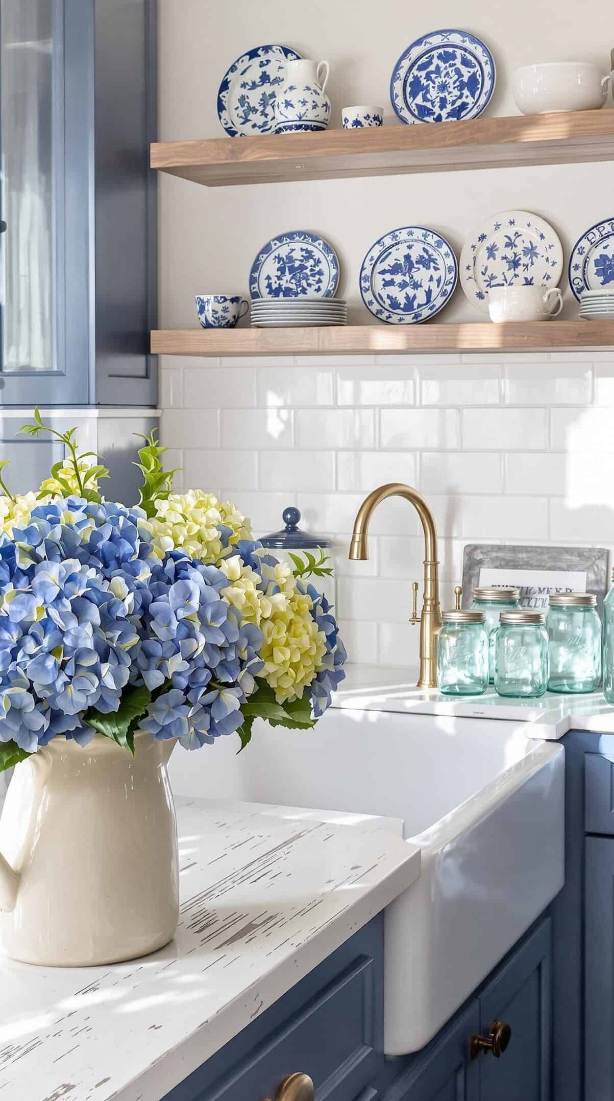 a blue and white kitchen with blue cabinets