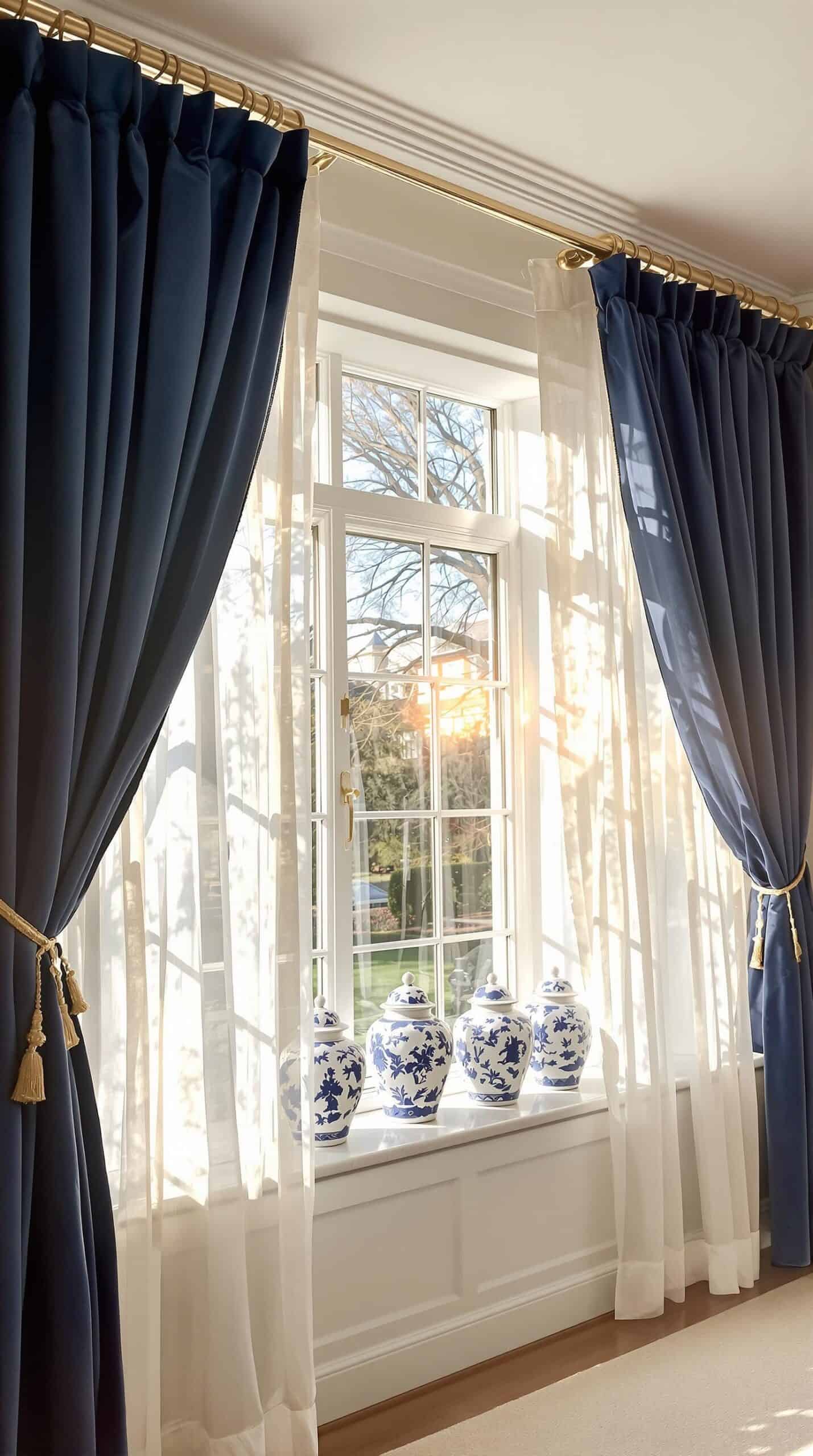 a window with blue and white vases in front of it