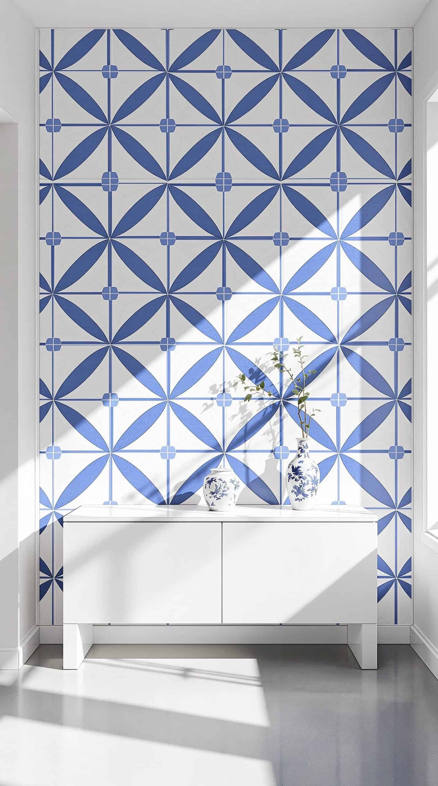 a blue and white wall with a clock on it