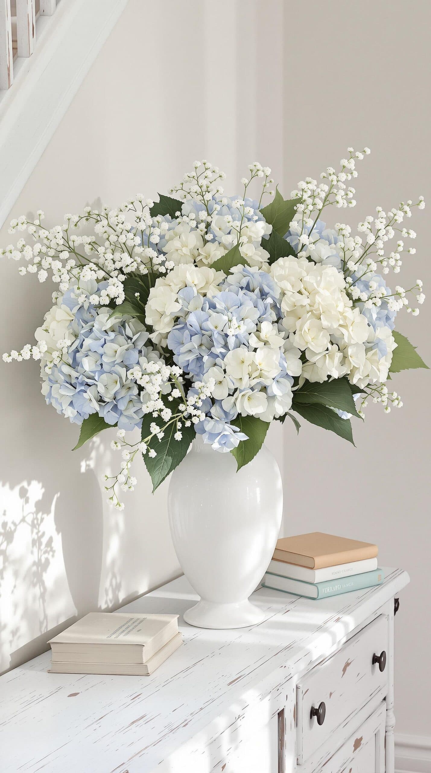 a white vase filled with blue and white flowers
