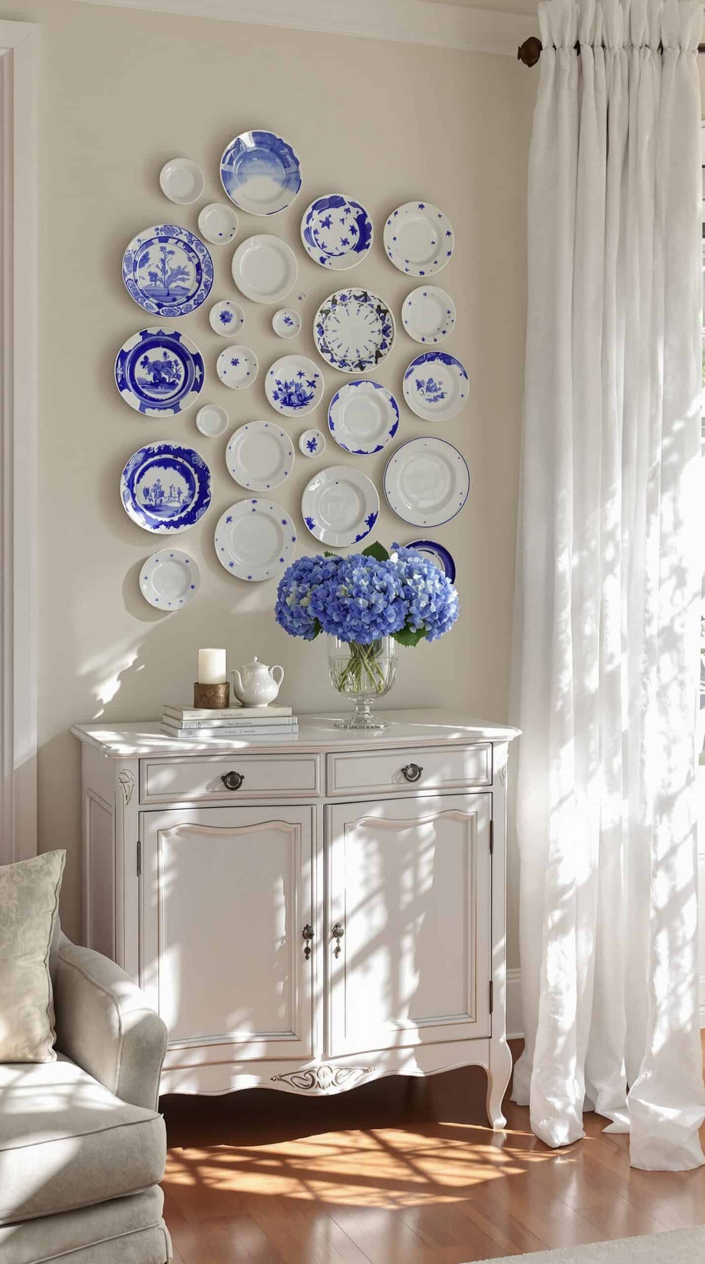a table with a vase of flowers and plates on it