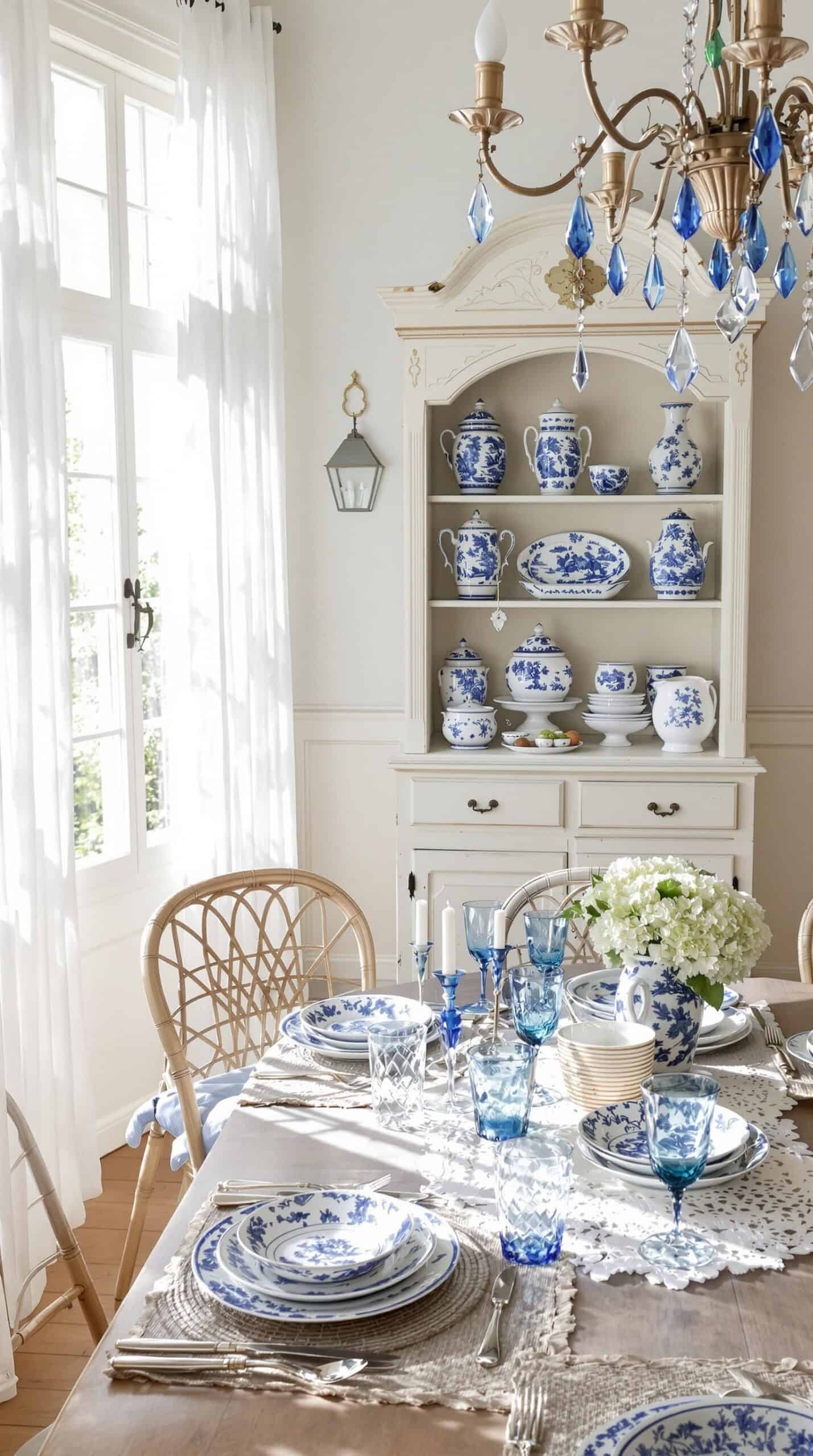 a dining room table set with blue and white china