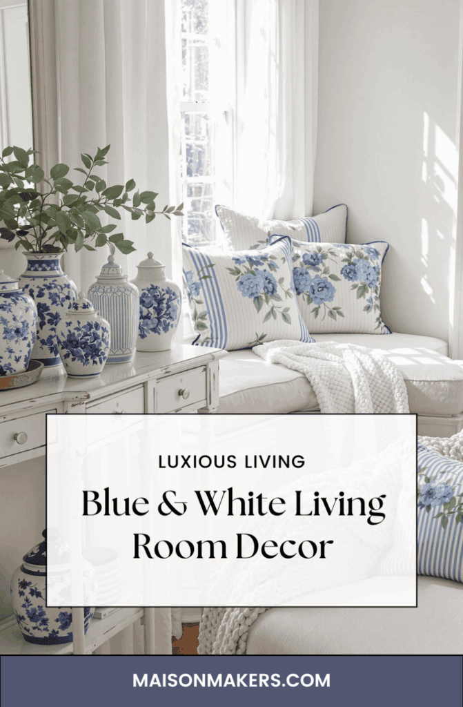 a living room with blue and white decor