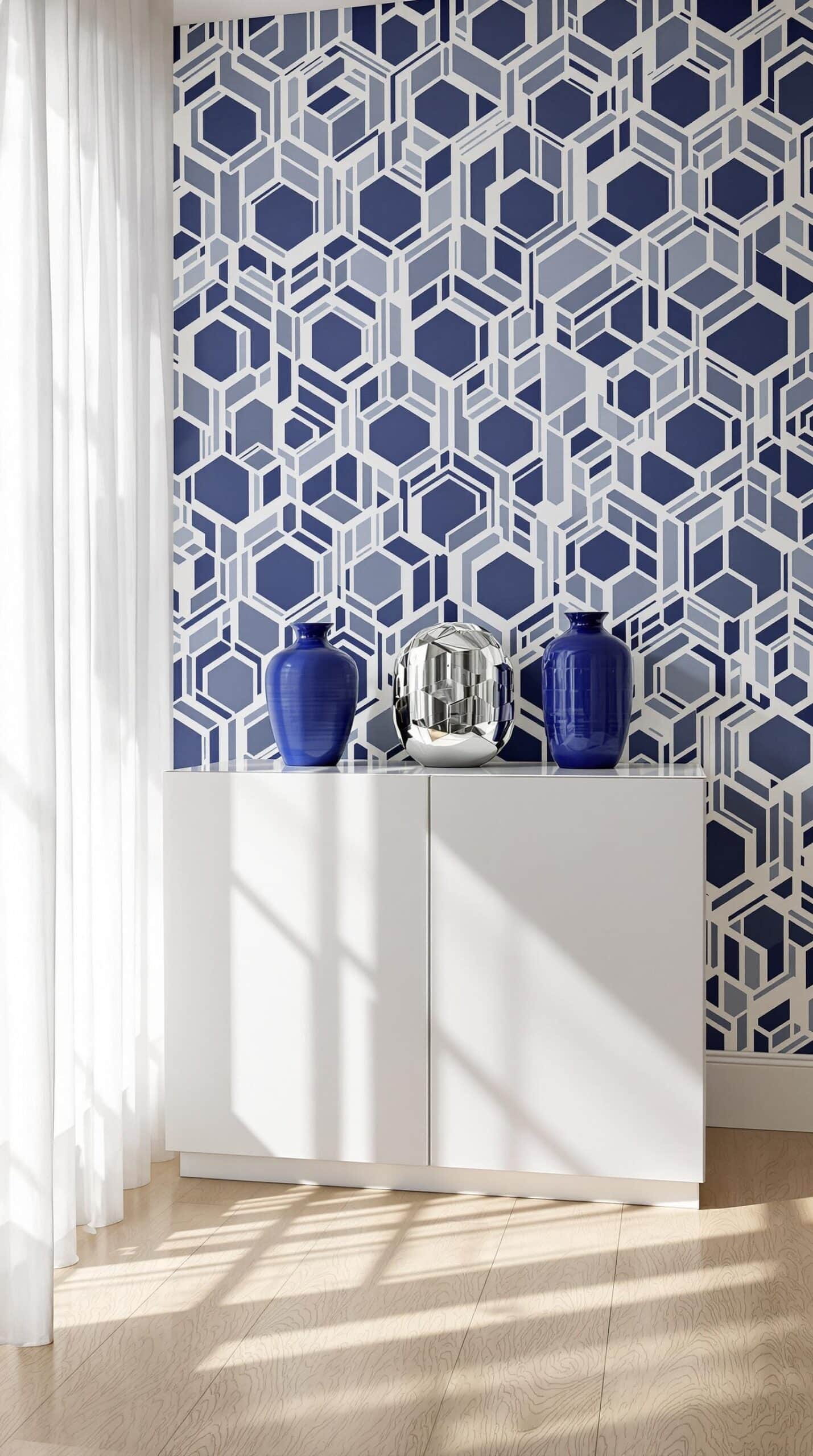 a white cabinet with two blue vases on top of it