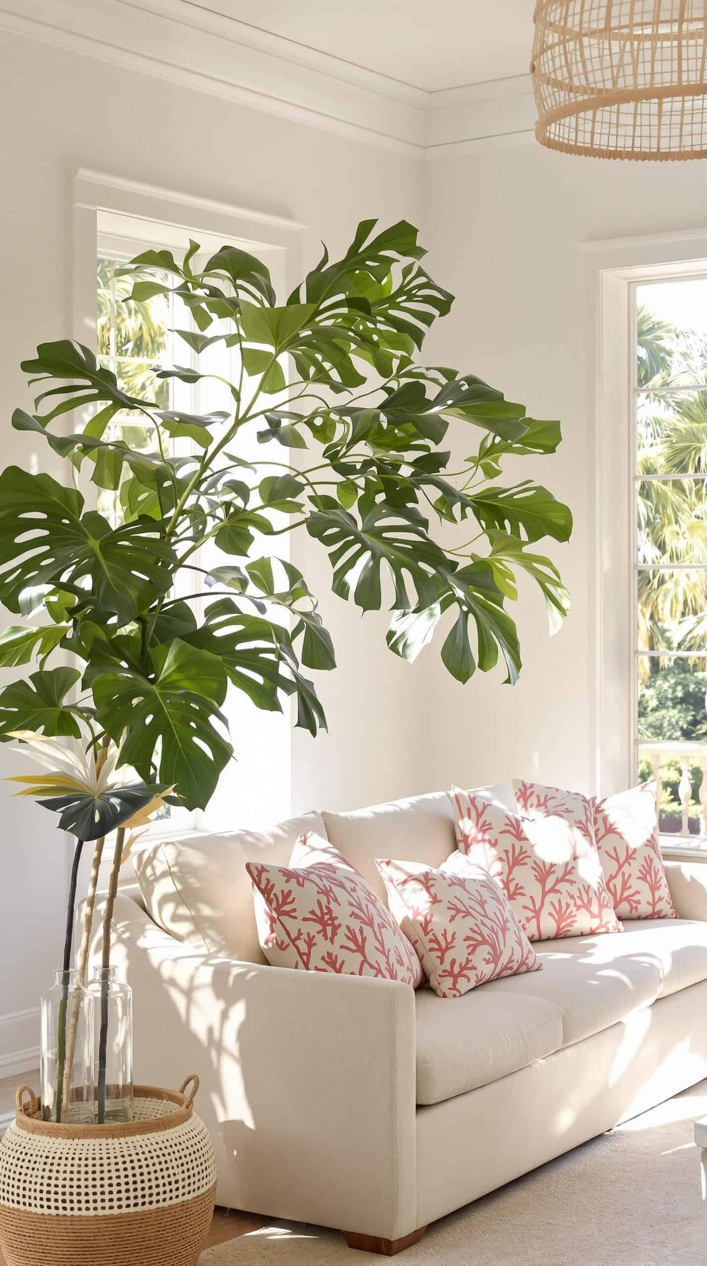 a living room with a couch and a plant