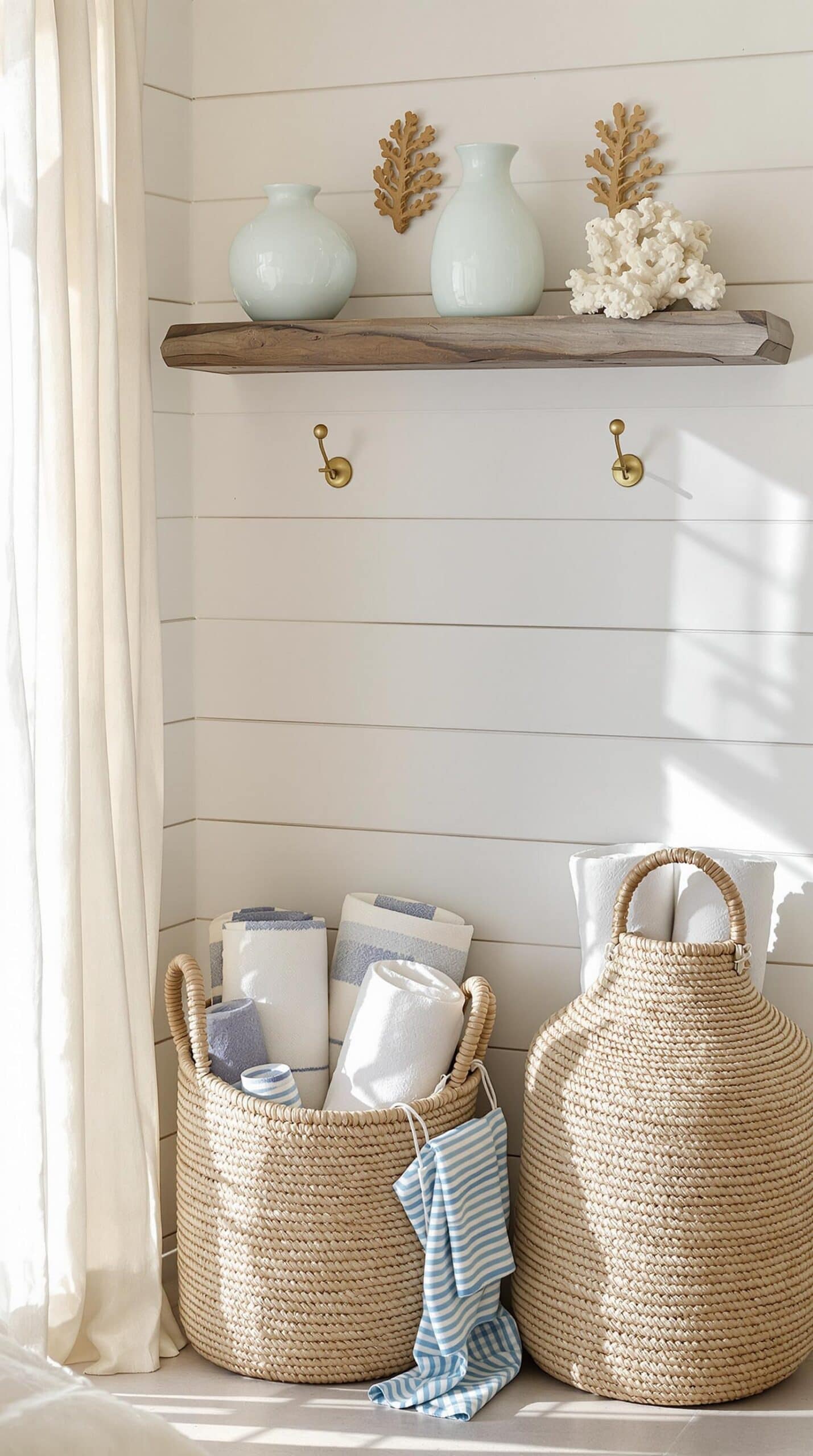 a couple of baskets sitting on top of a shelf