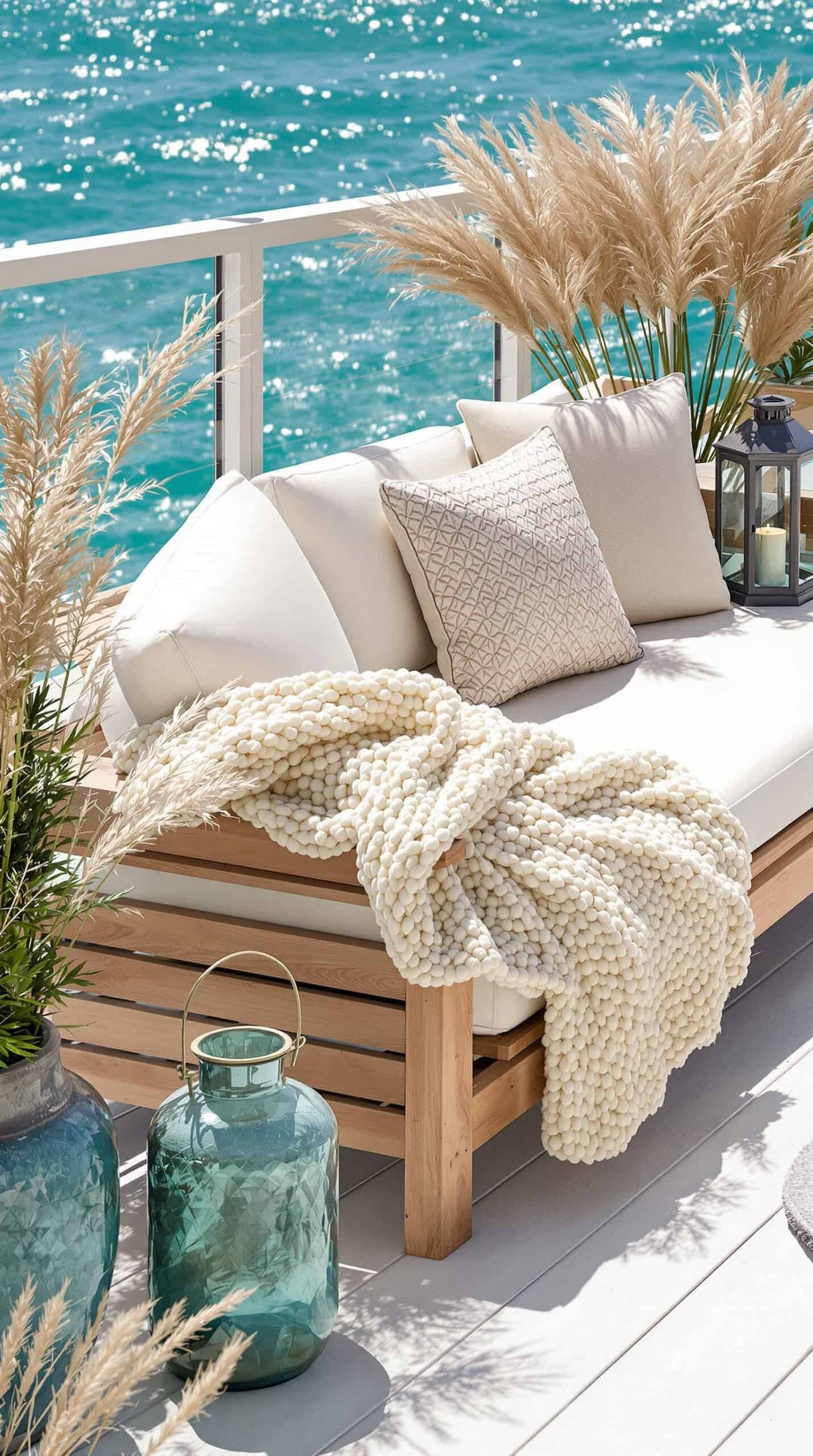 a white couch sitting on top of a wooden deck