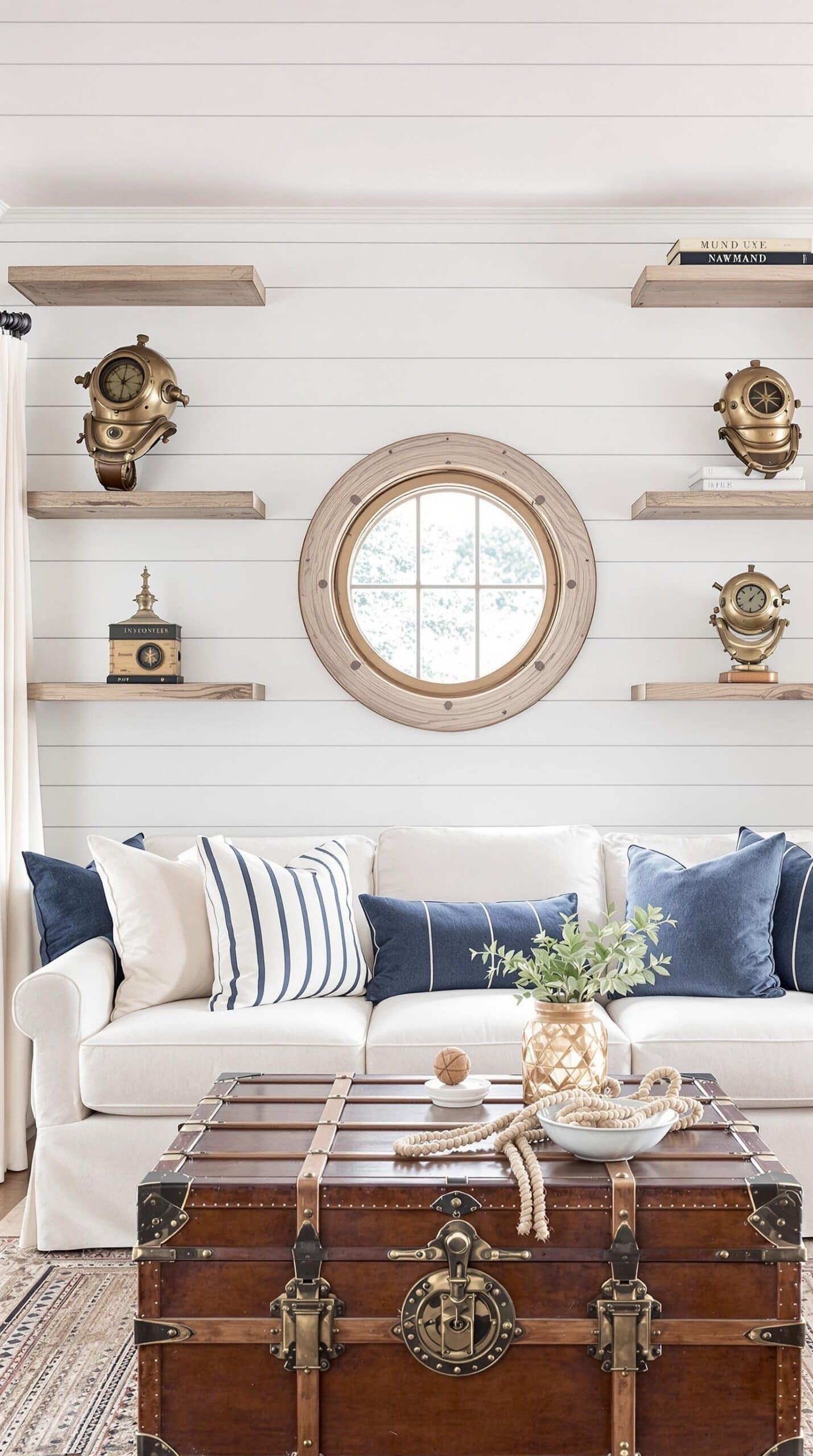 a living room with a white couch and a wooden trunk