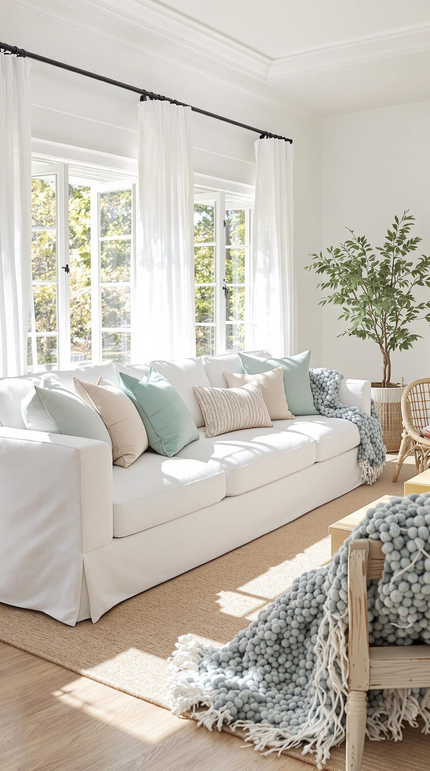 a living room filled with furniture and a tree