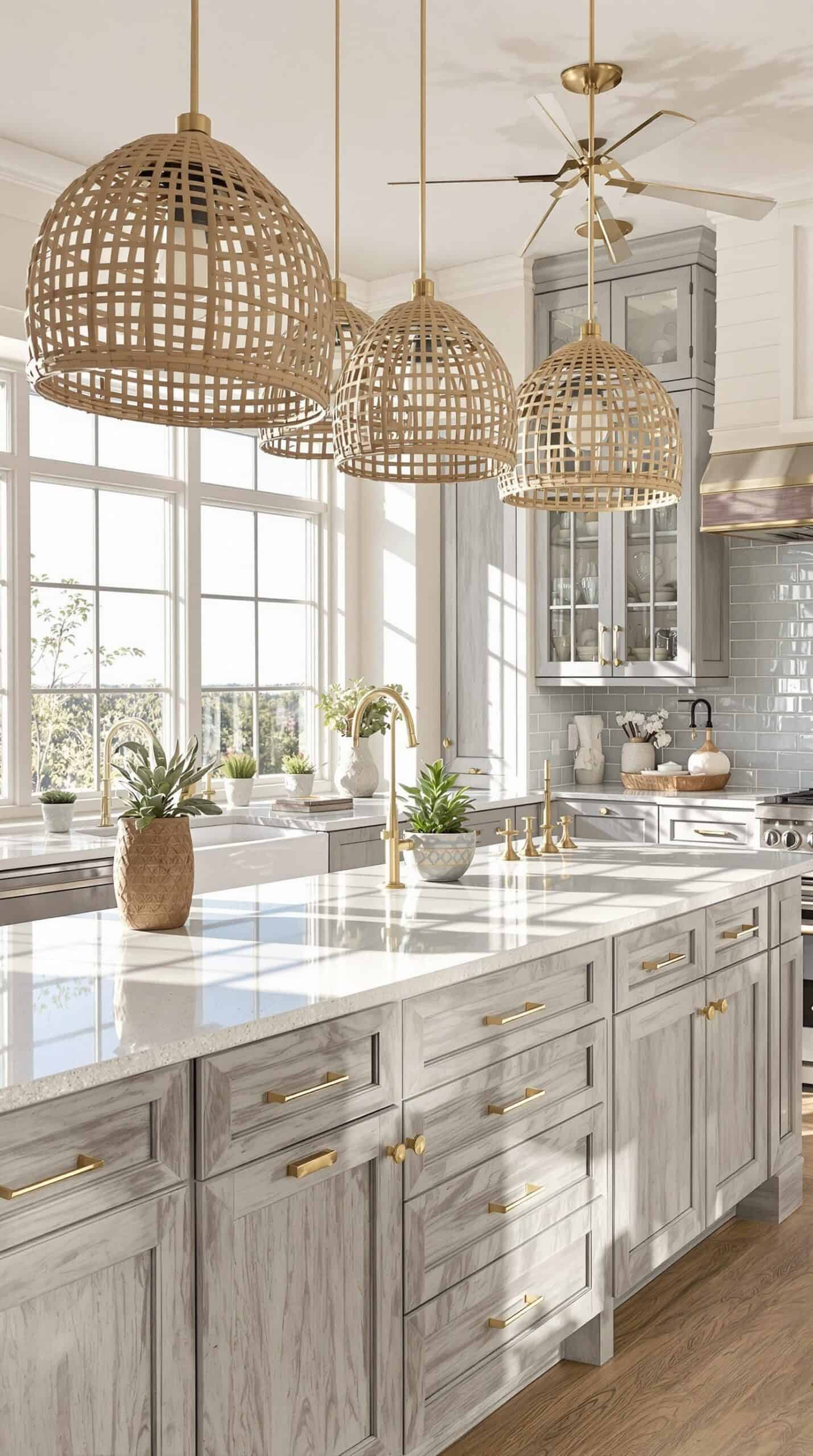 a large kitchen with a center island and gold accents