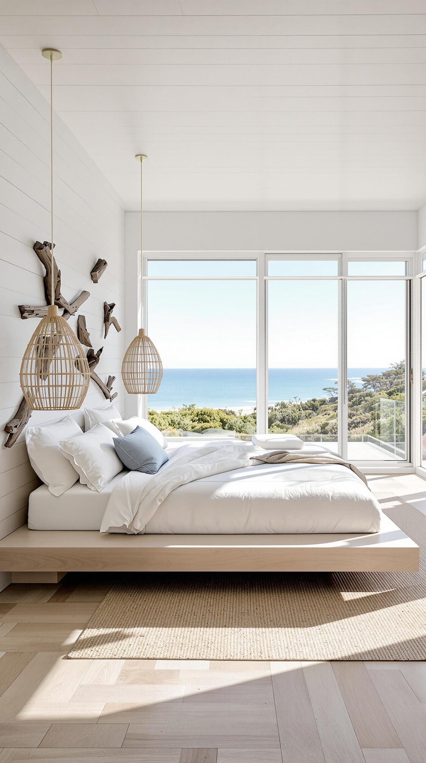 a bedroom with a large bed and a view of the ocean
