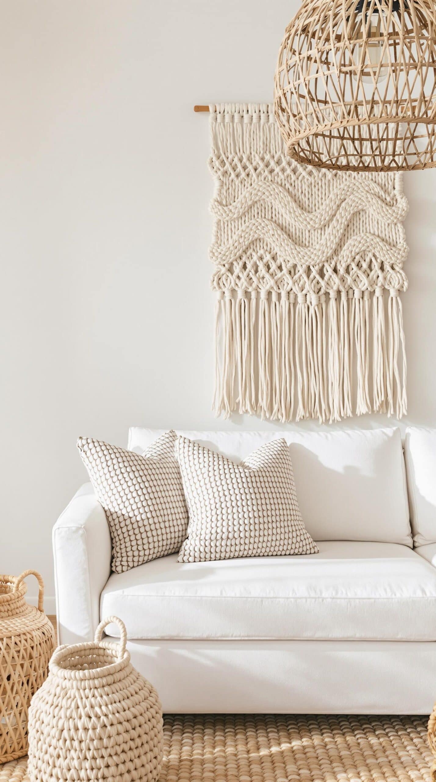 a white couch sitting in a living room next to a wall hanging