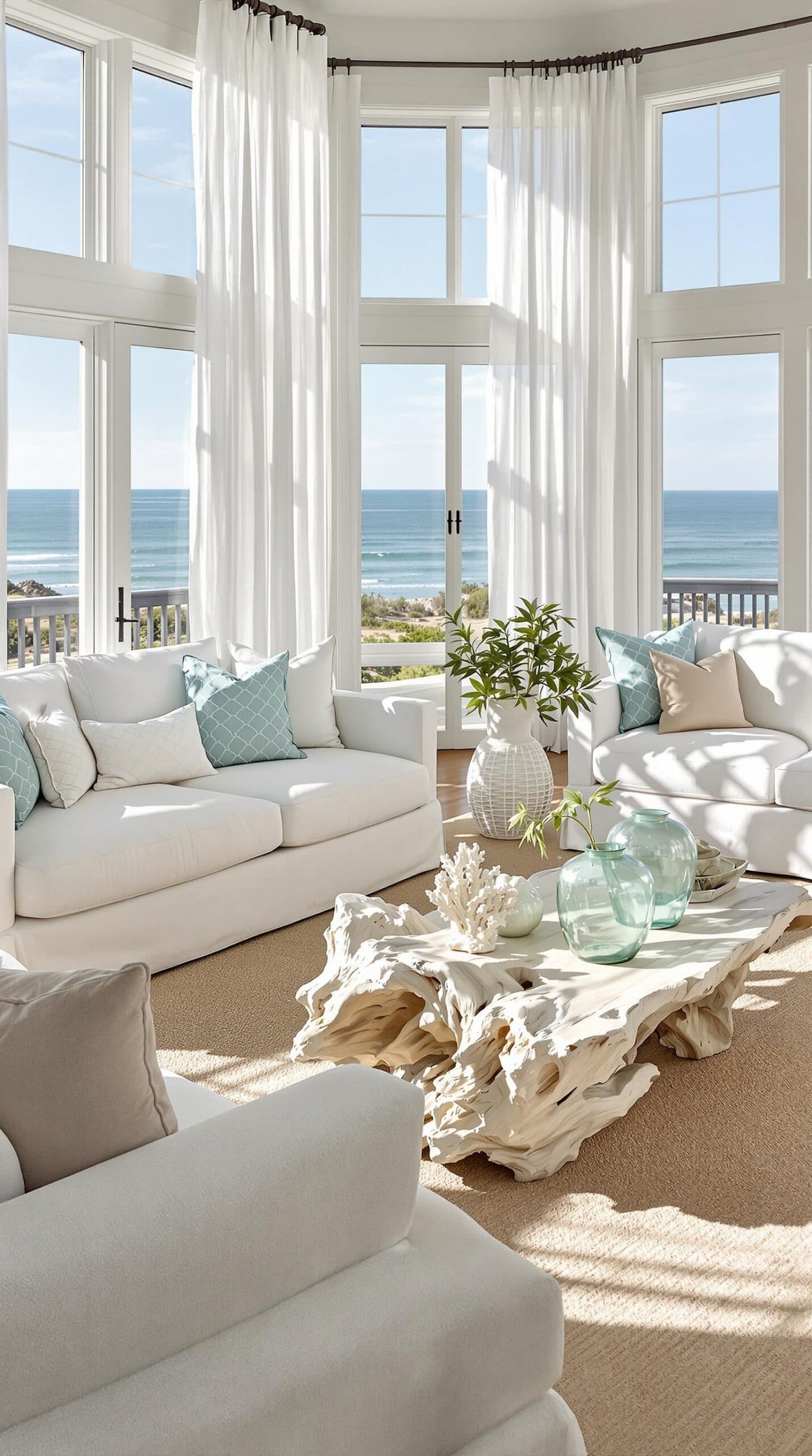 a living room filled with furniture and large windows