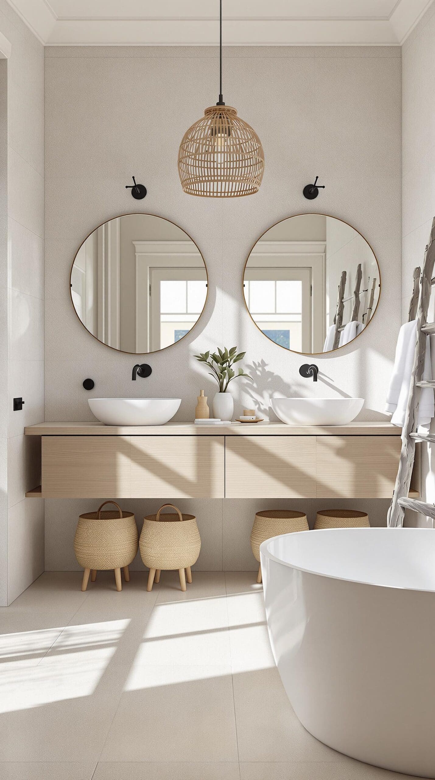 a bathroom with two round mirrors and a bathtub