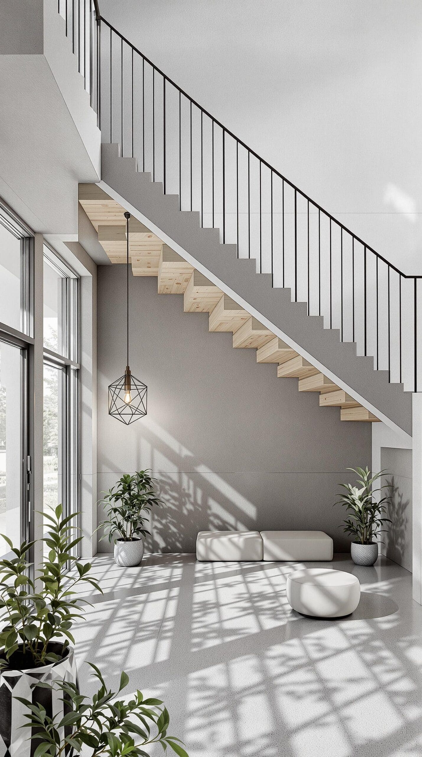 a white room with a staircase and potted plants