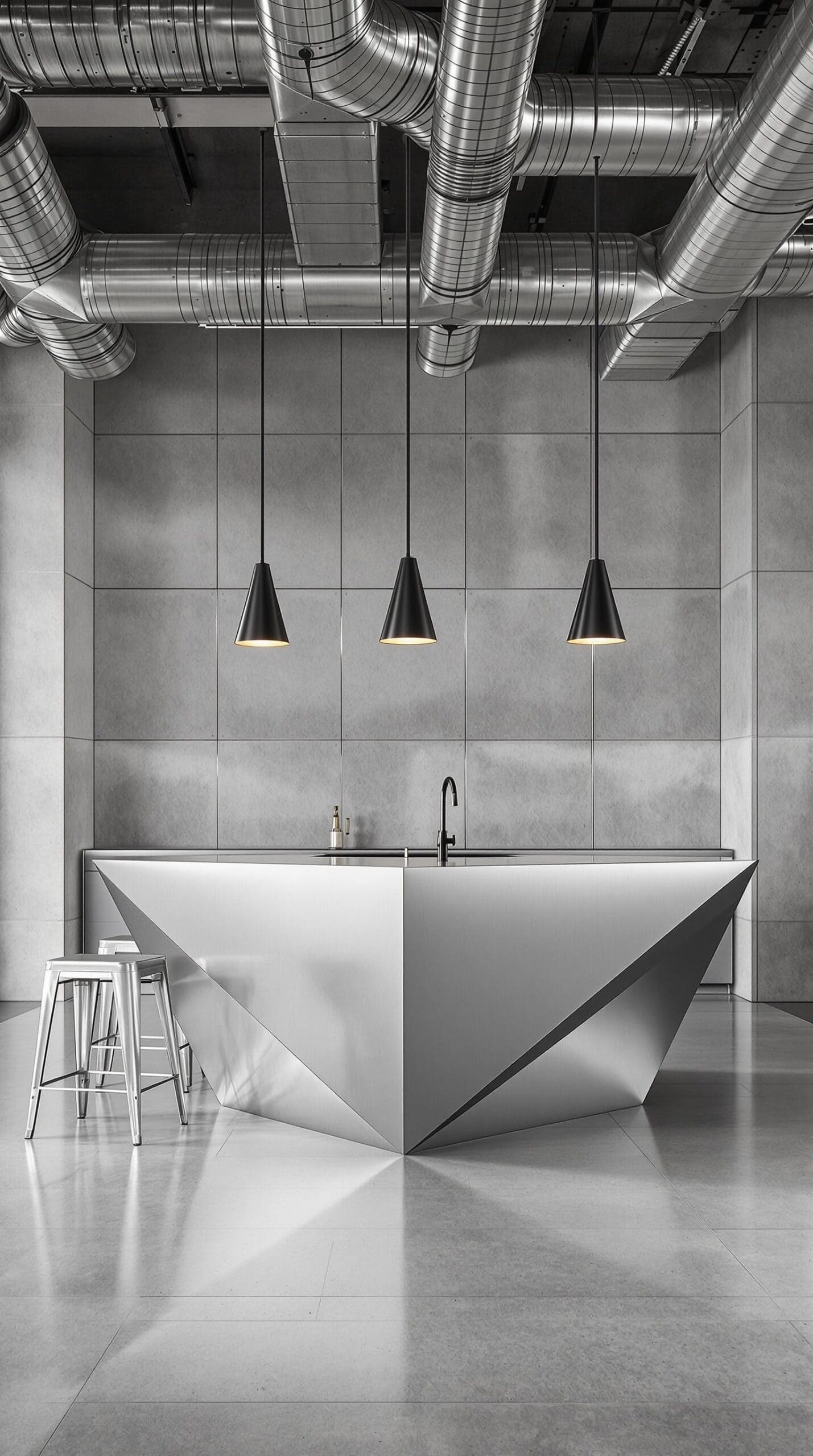 a kitchen with a counter, stools and lights