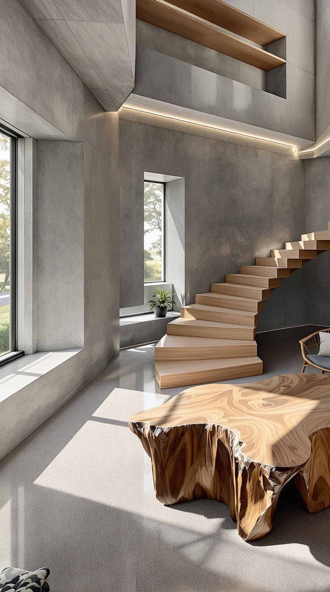 a living room with a wooden table and stairs