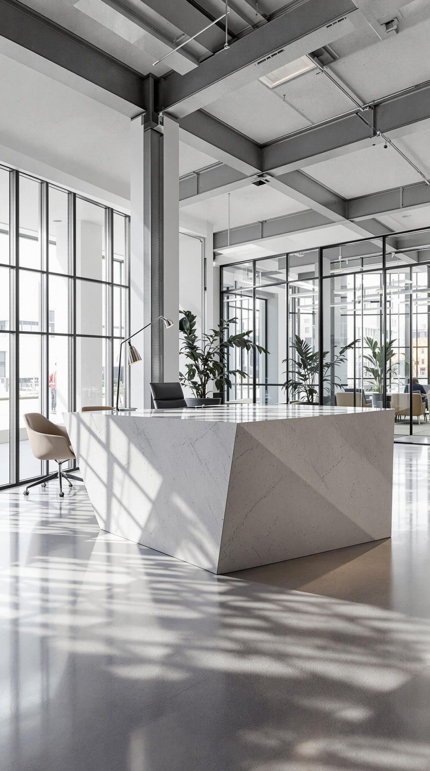 an office with large windows and a white counter