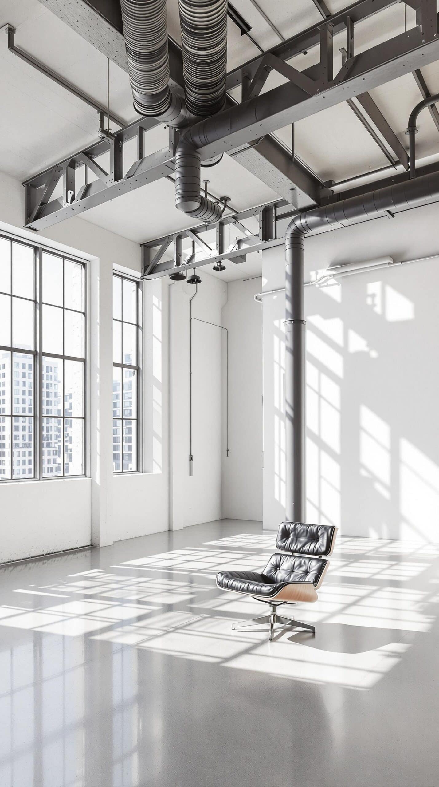 an empty room with a chair in the middle of it