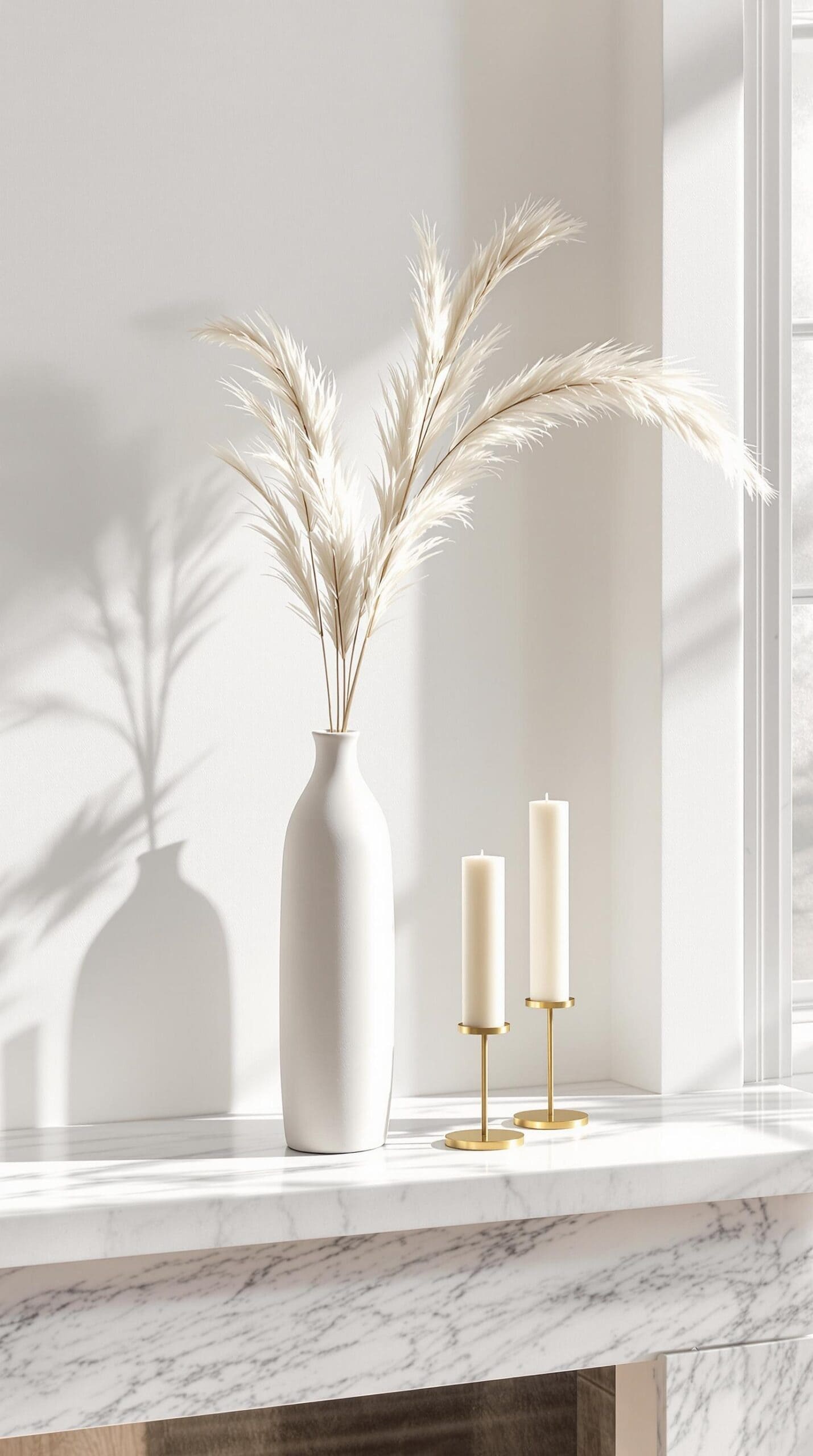 a white vase sitting on top of a fireplace