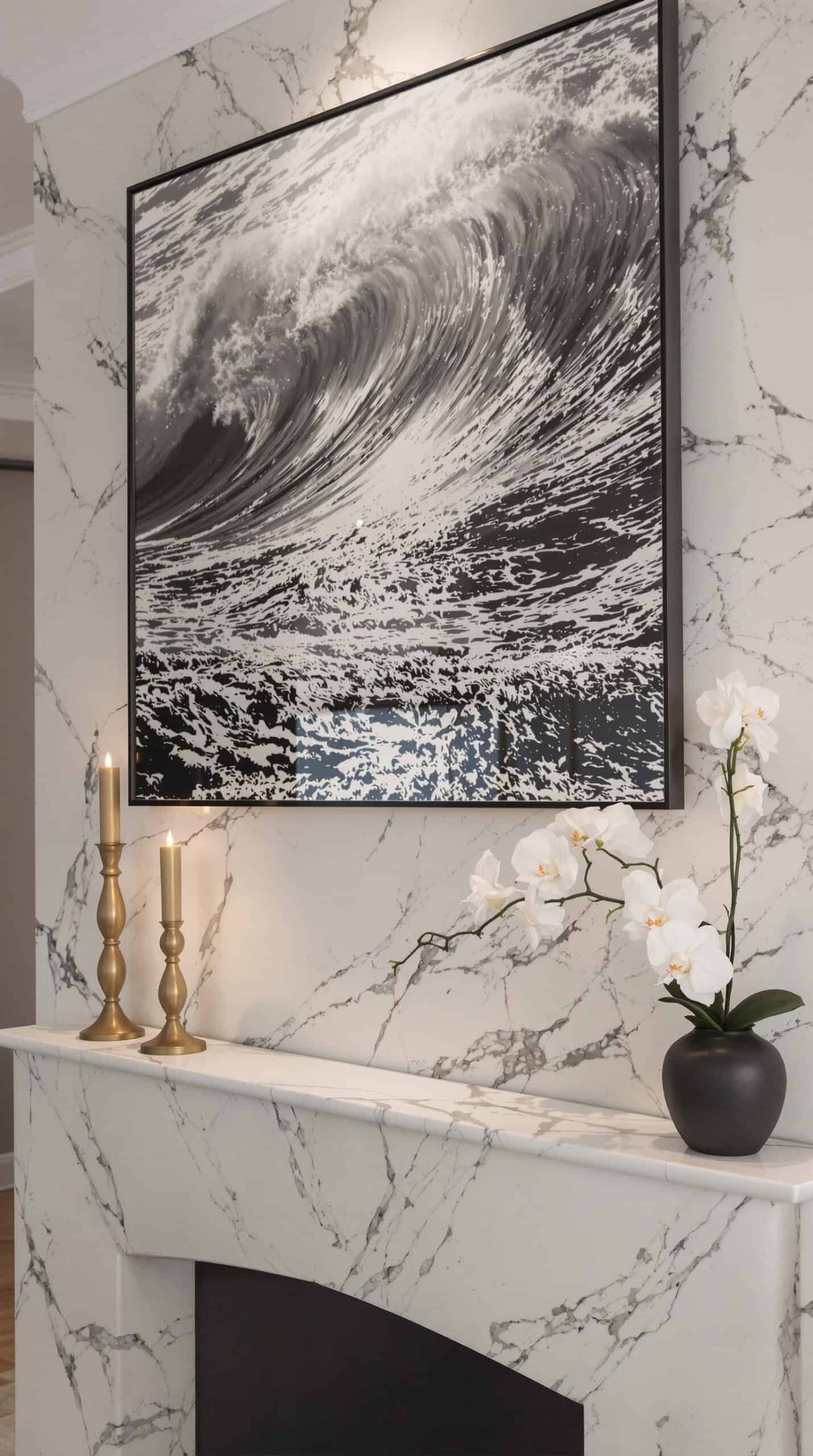 a picture of a wave on a wall above a fireplace