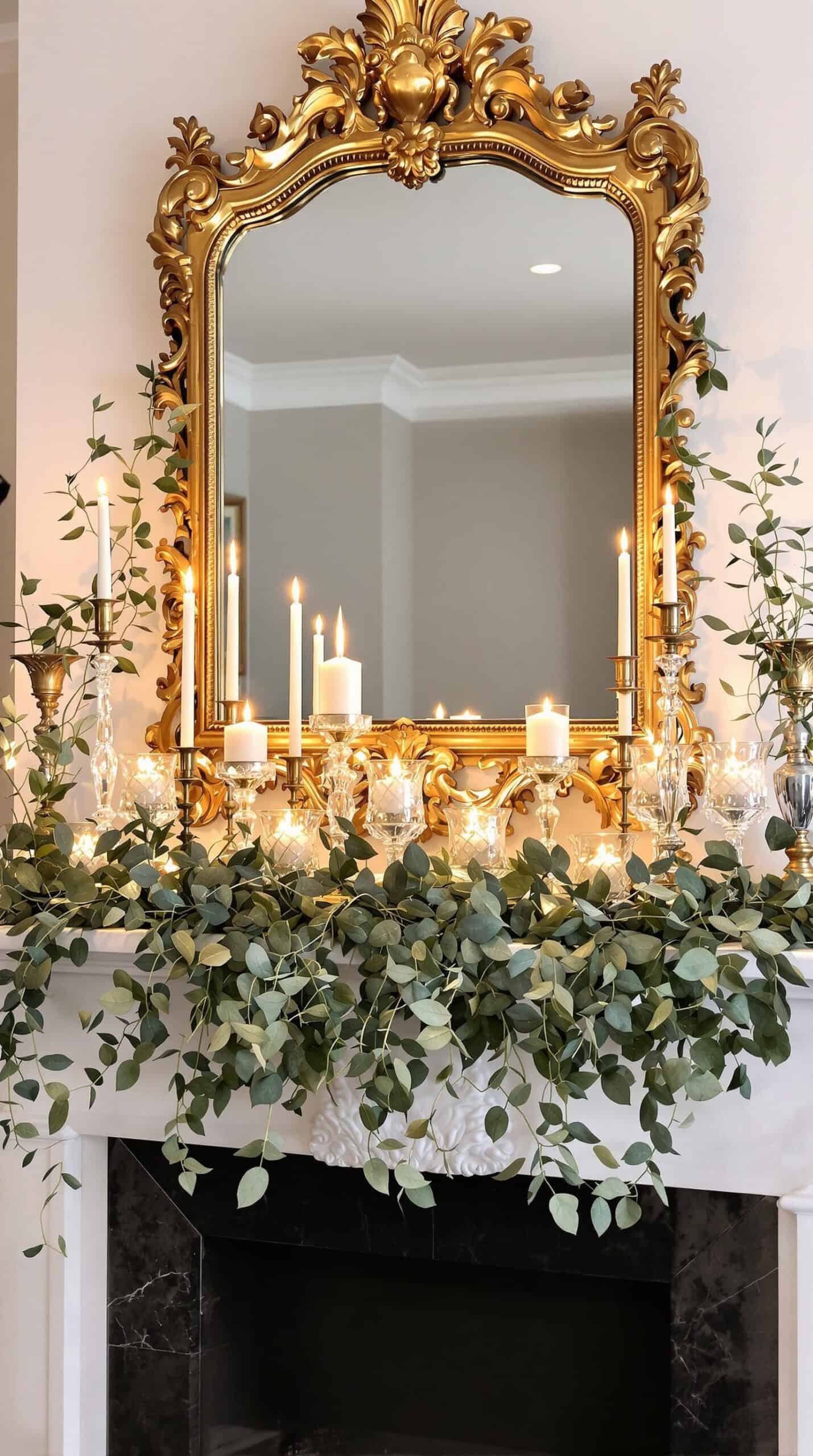 a fireplace with a mirror and candles on top of it