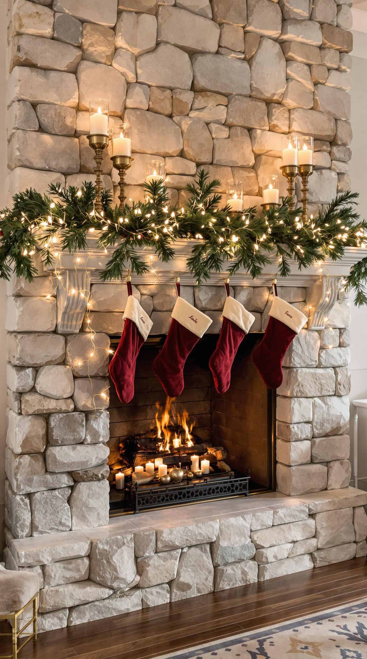 a fireplace decorated with stockings and christmas lights