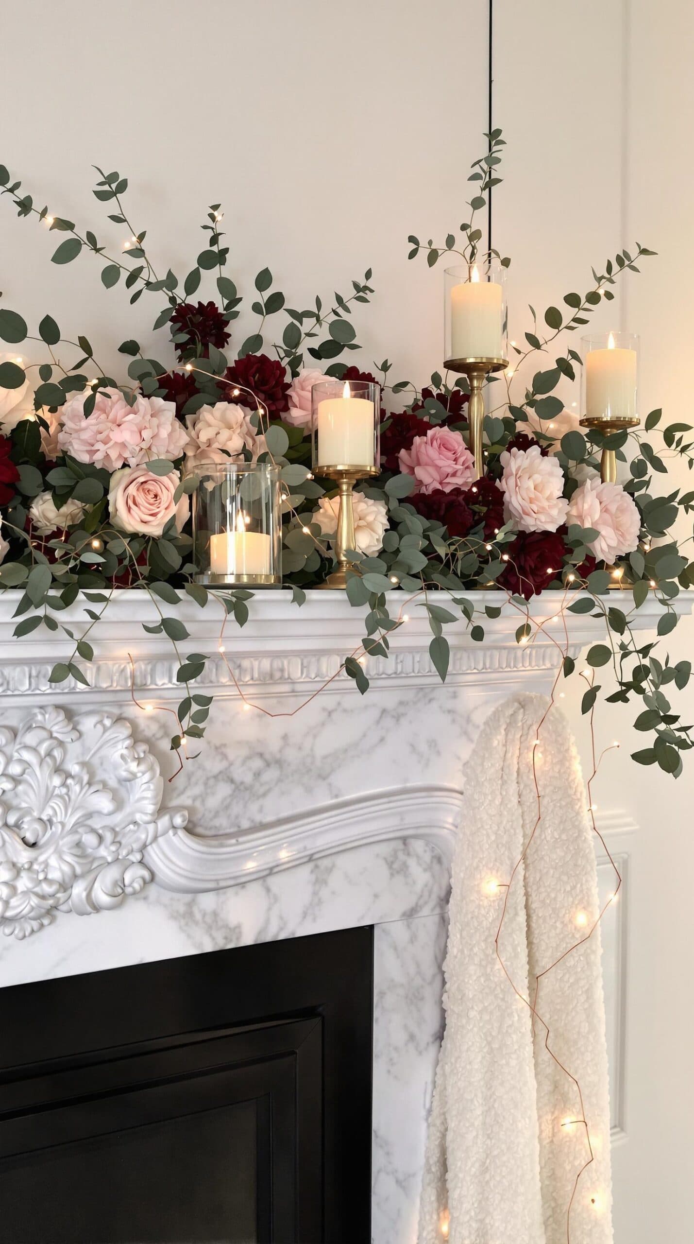 a mantle with candles and flowers on it