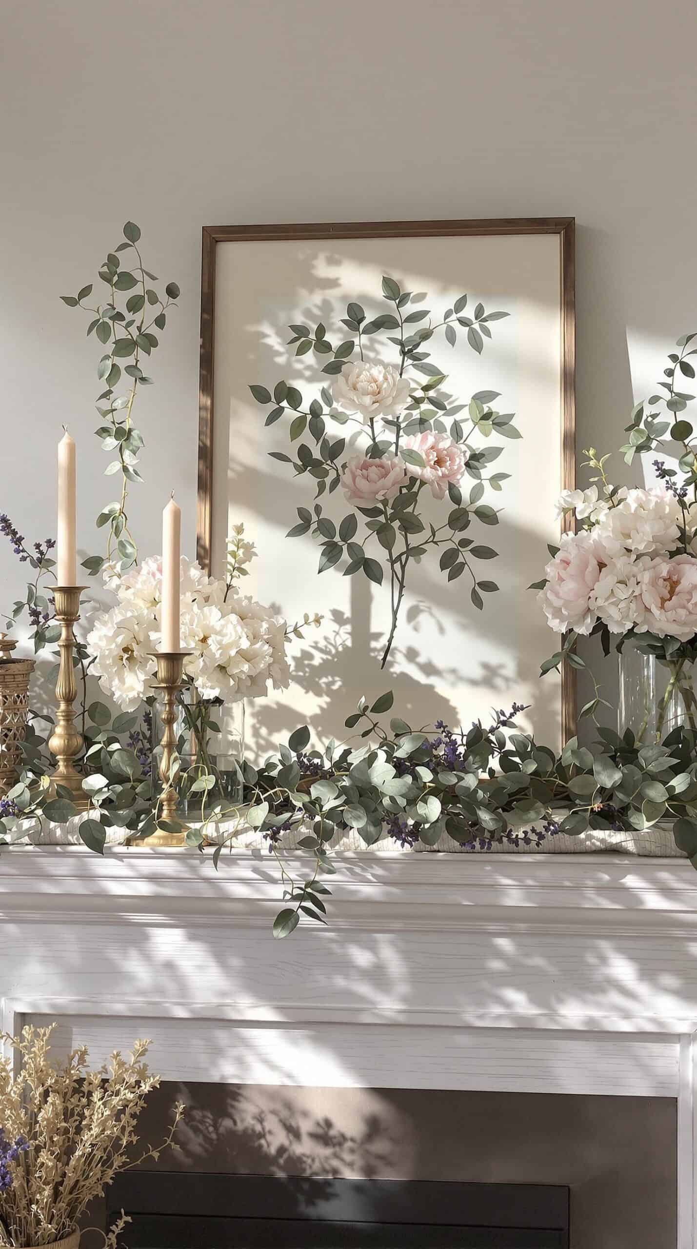 a fireplace mantel with flowers and candles on it