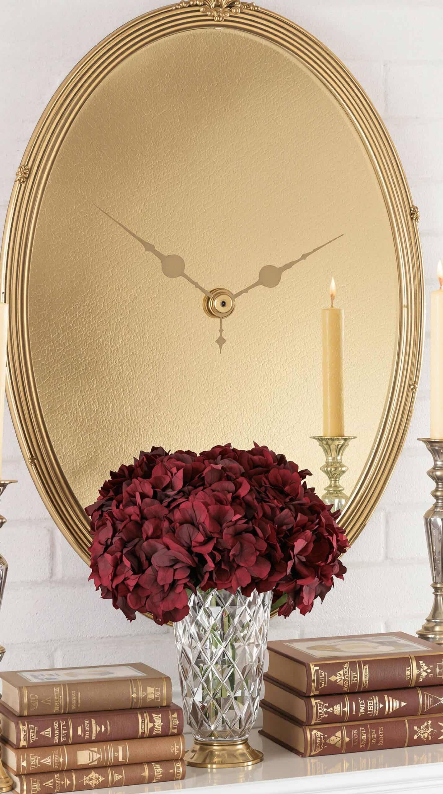 a vase filled with red flowers next to a clock