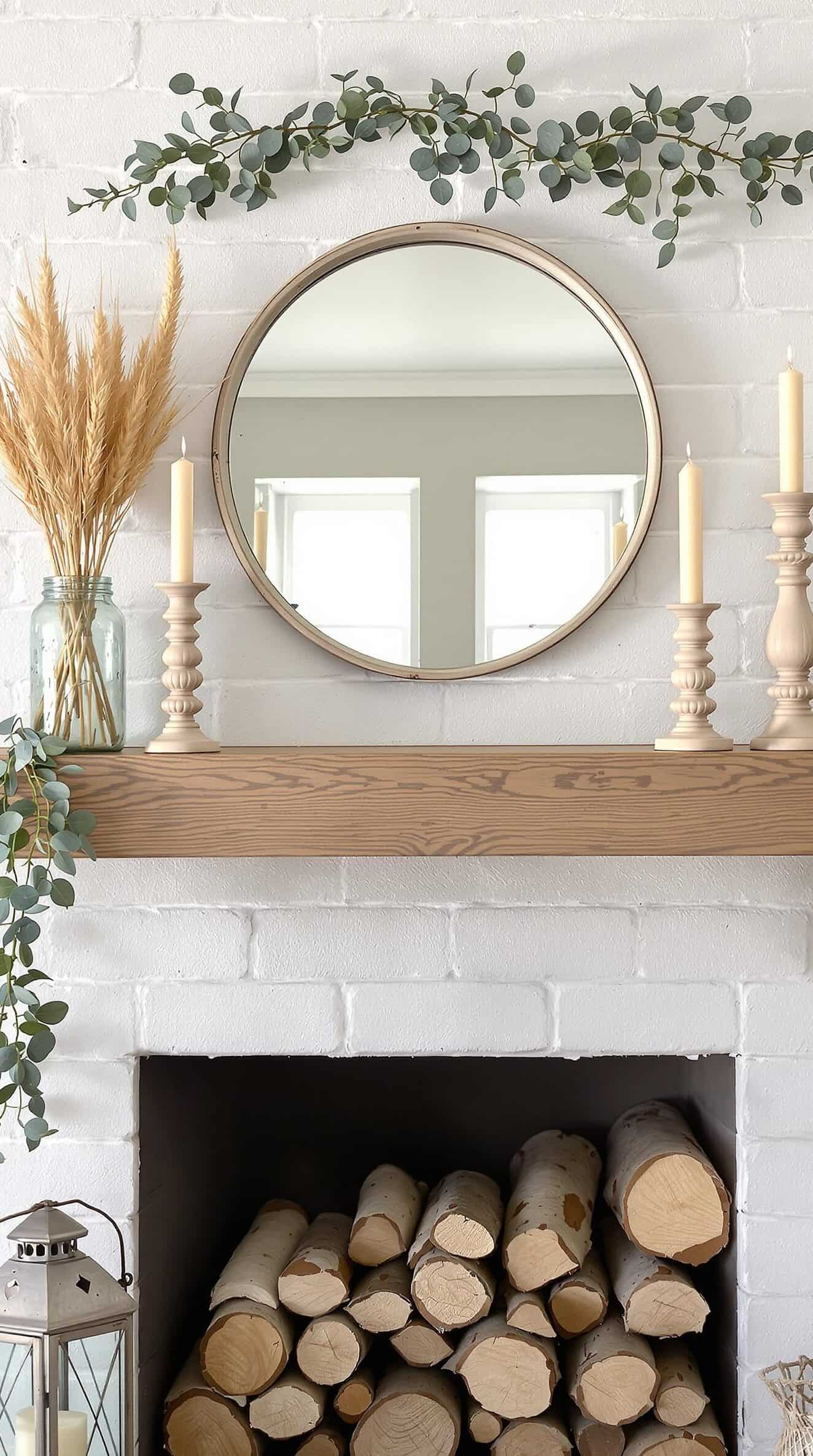 a fireplace with logs and a mirror above it